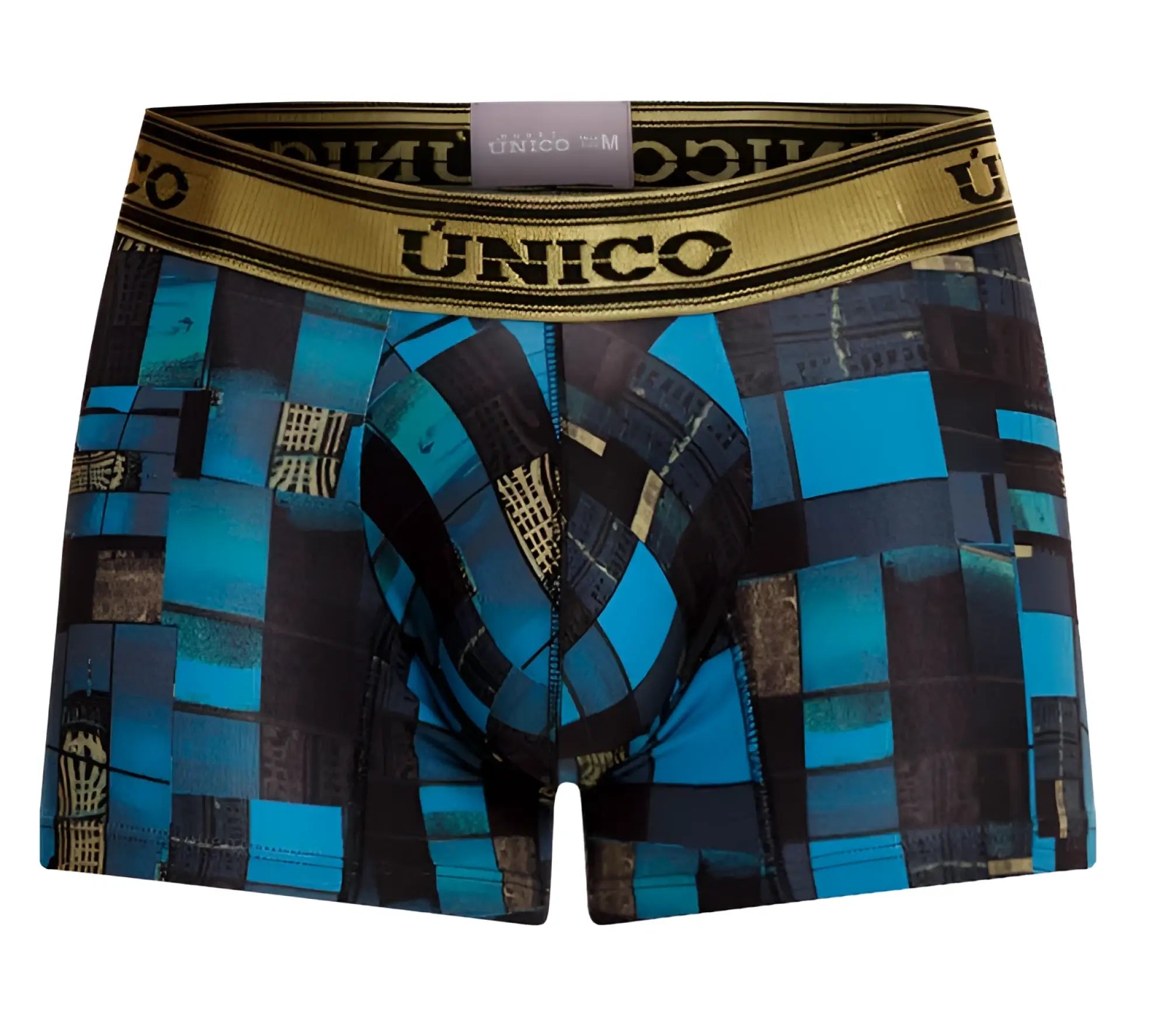 Men’s unico 24010100104 esquema blue and black geometric-patterned boxer briefs with gold-trimmed waistband