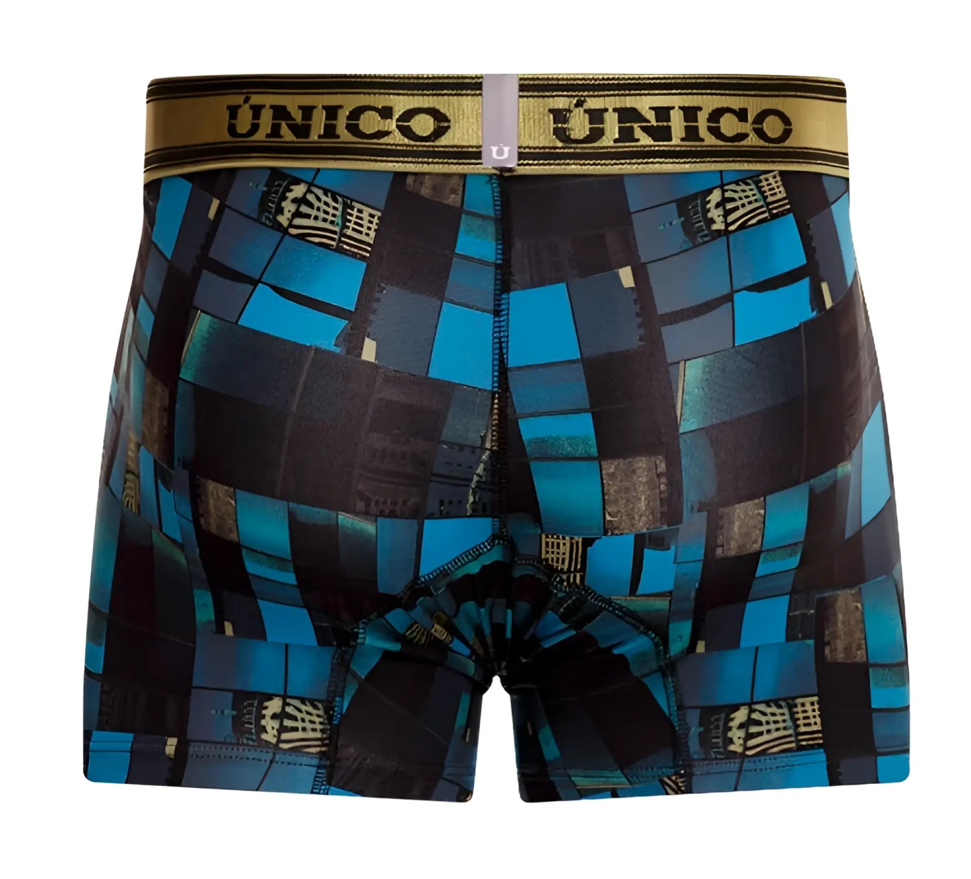 Blue and black patterned Unico 24010100104 Esquema boxer briefs with gold waistband featuring brand name