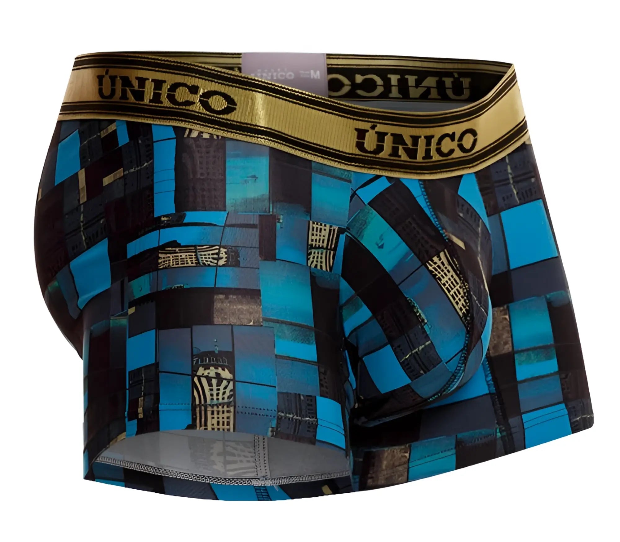 Unico 24010100104 esquema trunks men’s boxer briefs in blue and black pattern with gold waistband and brand name