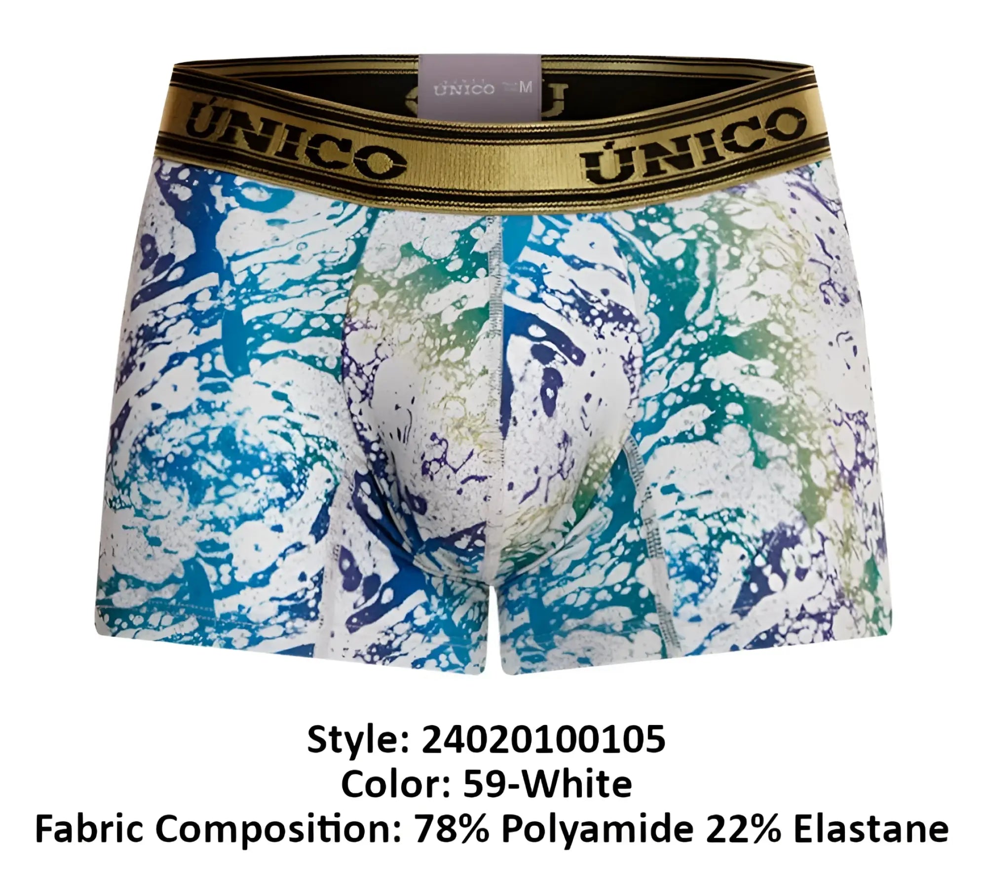 White boxer briefs unico 24020100105 gasoleo trunks color 59 with vibrant blue green purple abstract paint splatter pattern