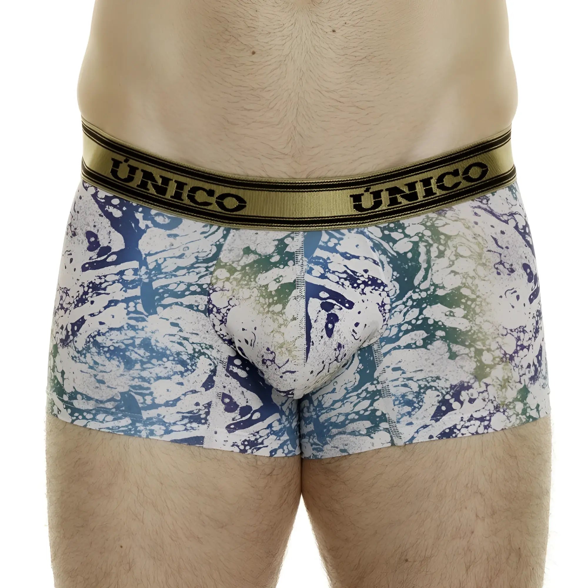 Unico 24020100105 gasoleo trunks color 59-white men’s boxer briefs with blue green white paint-splatter and gold waistband