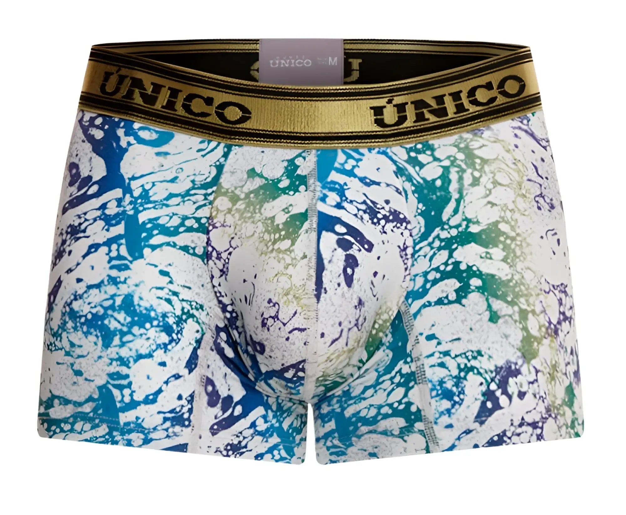 Unico 24020100105 gasoleo trunks men’s boxer briefs with blue green white abstract paint-splatter pattern on stretchy fabric