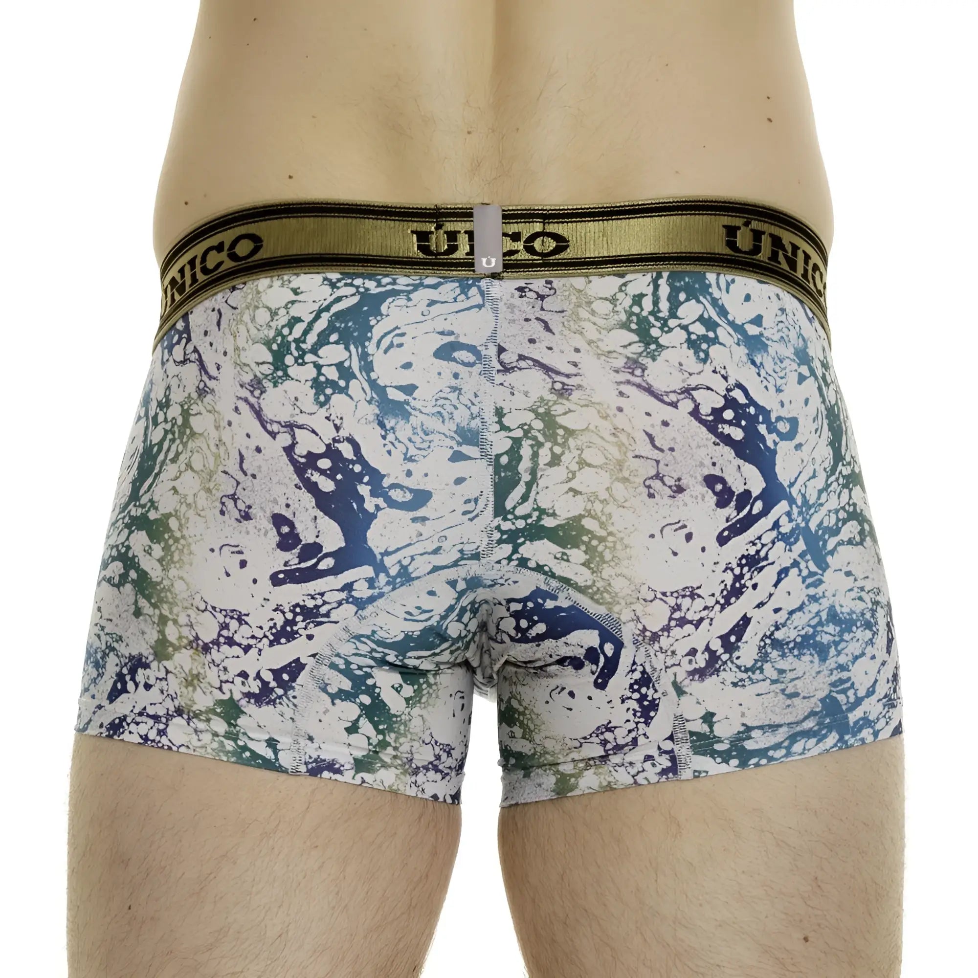 Unico 24020100105 Gasoleo trunks color 59 white men’s boxer briefs with vibrant blue green purple marbled pattern and olive waistband