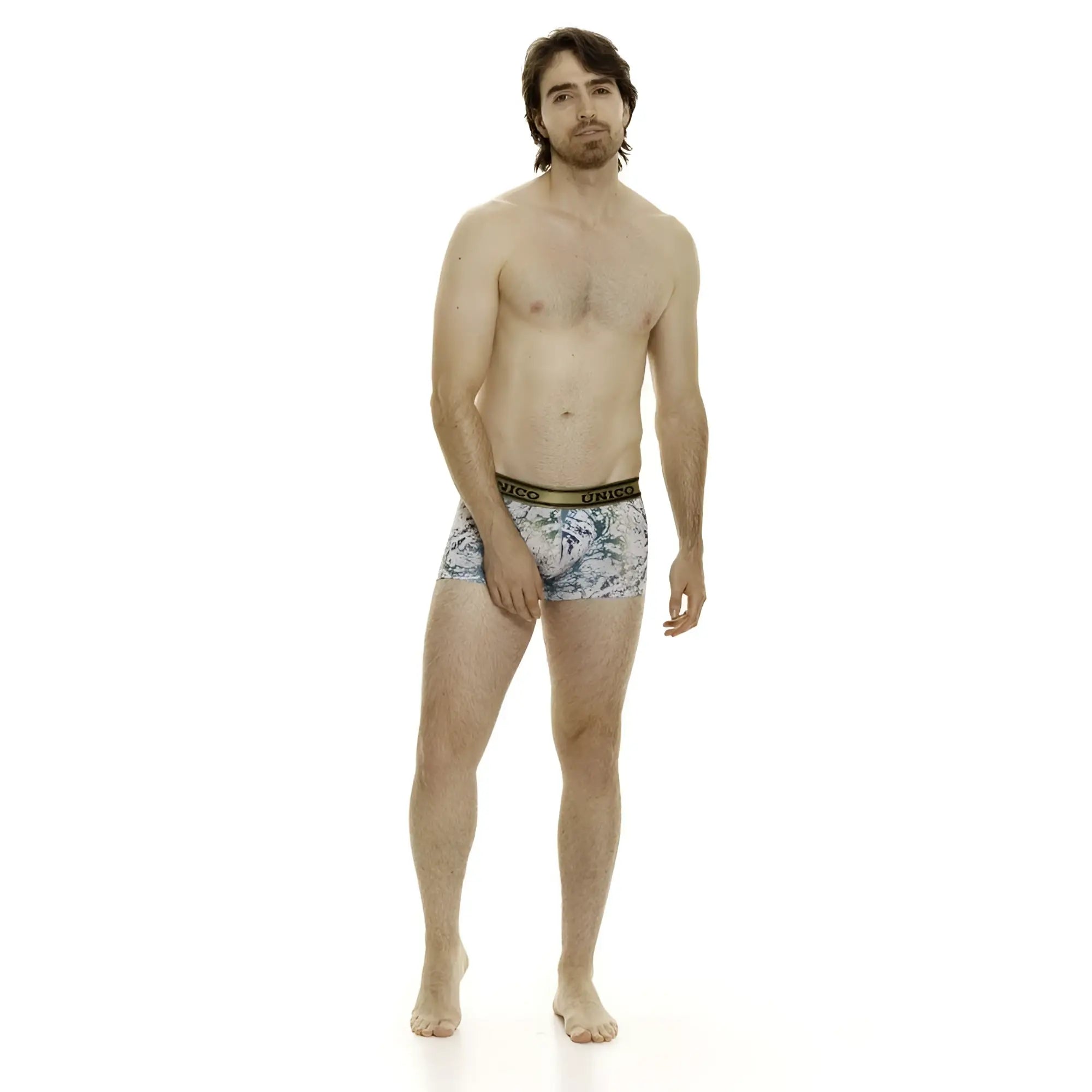 Men’s unico 24020100105 gasoleo trunks in light blue white tropical leaf pattern with gold elastic waistband