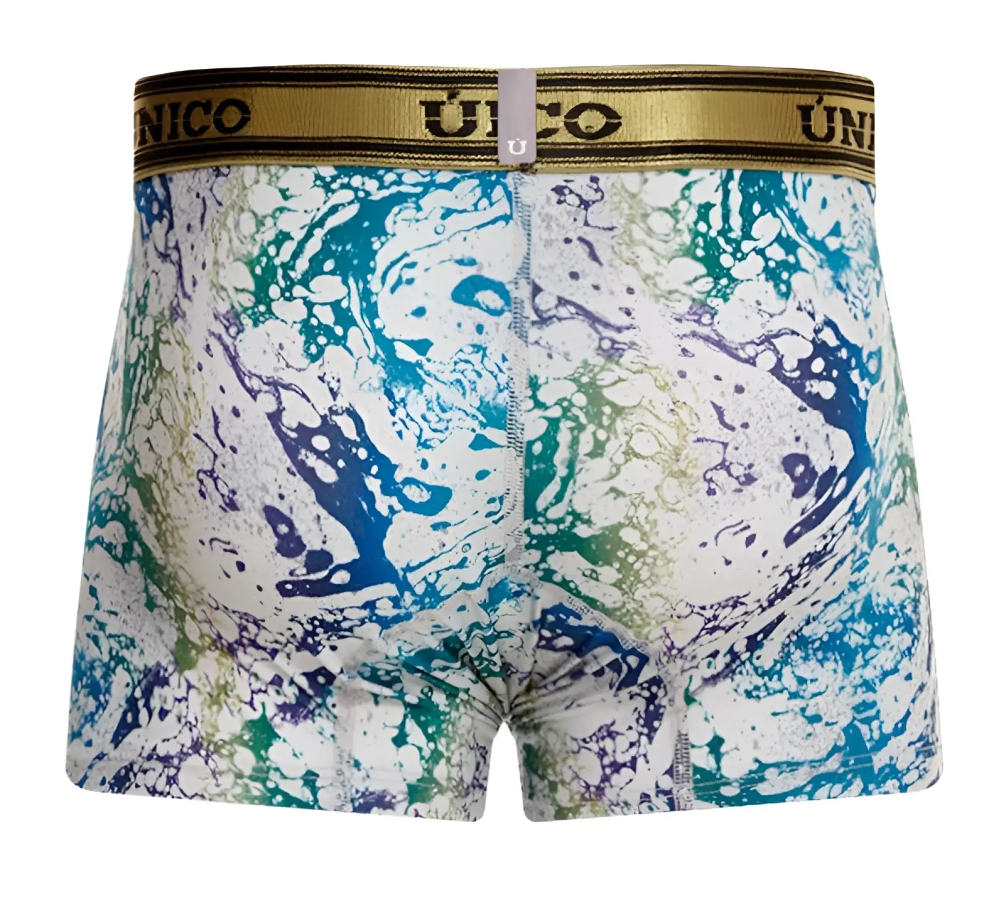 Men’s unico 24020100105 gasoleo trunks boxer briefs with vibrant blue green purple paint splatter on white and gold waistband