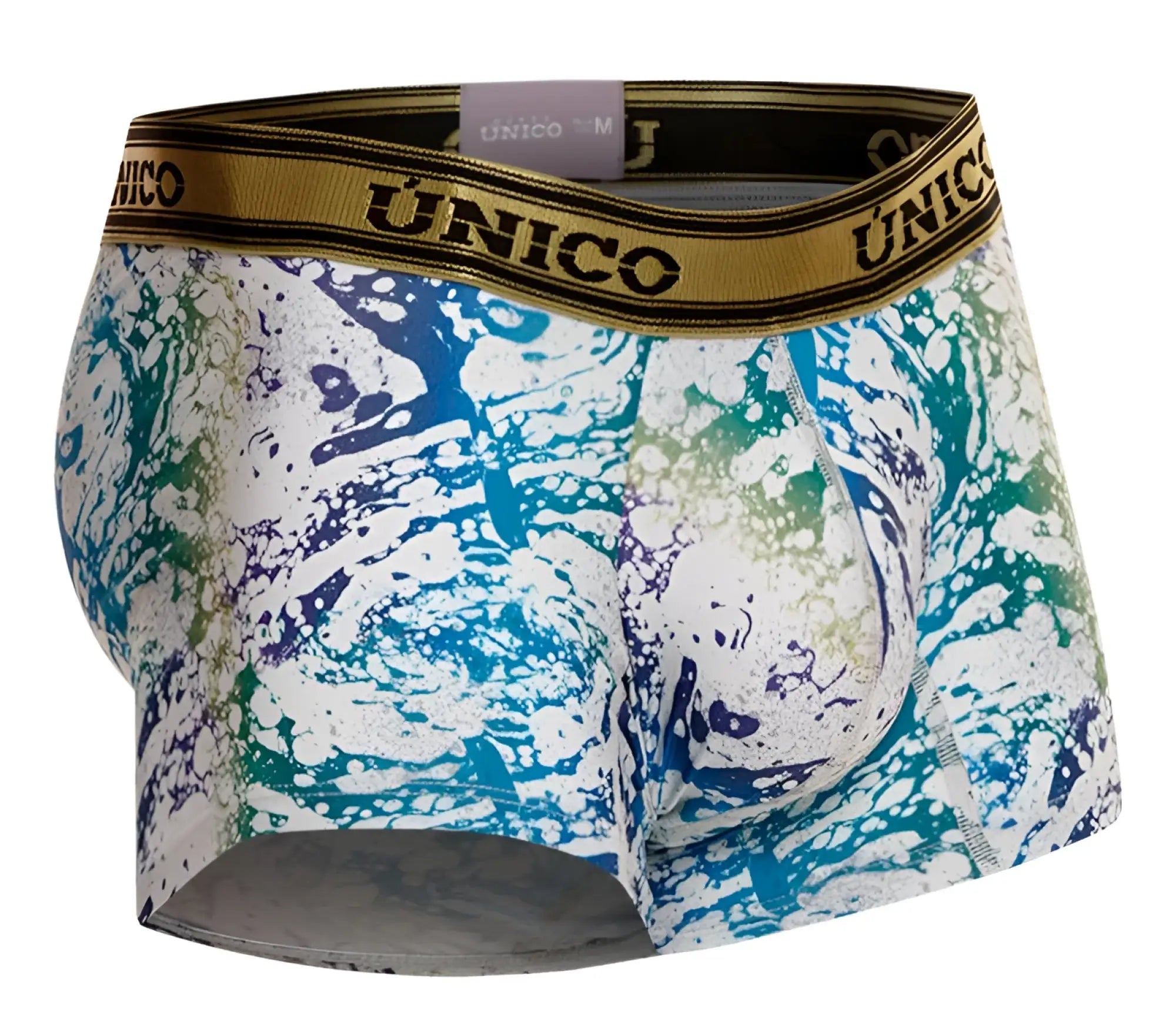 Unico 24020100105 Gasoleo trunks men’s boxer briefs with vibrant blue green and white paint-splatter on stretchy fabric