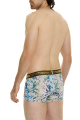 Men’s unico 24020100105 gasoleo trunks in white featuring blue and white paint-splatter pattern with gold waistband