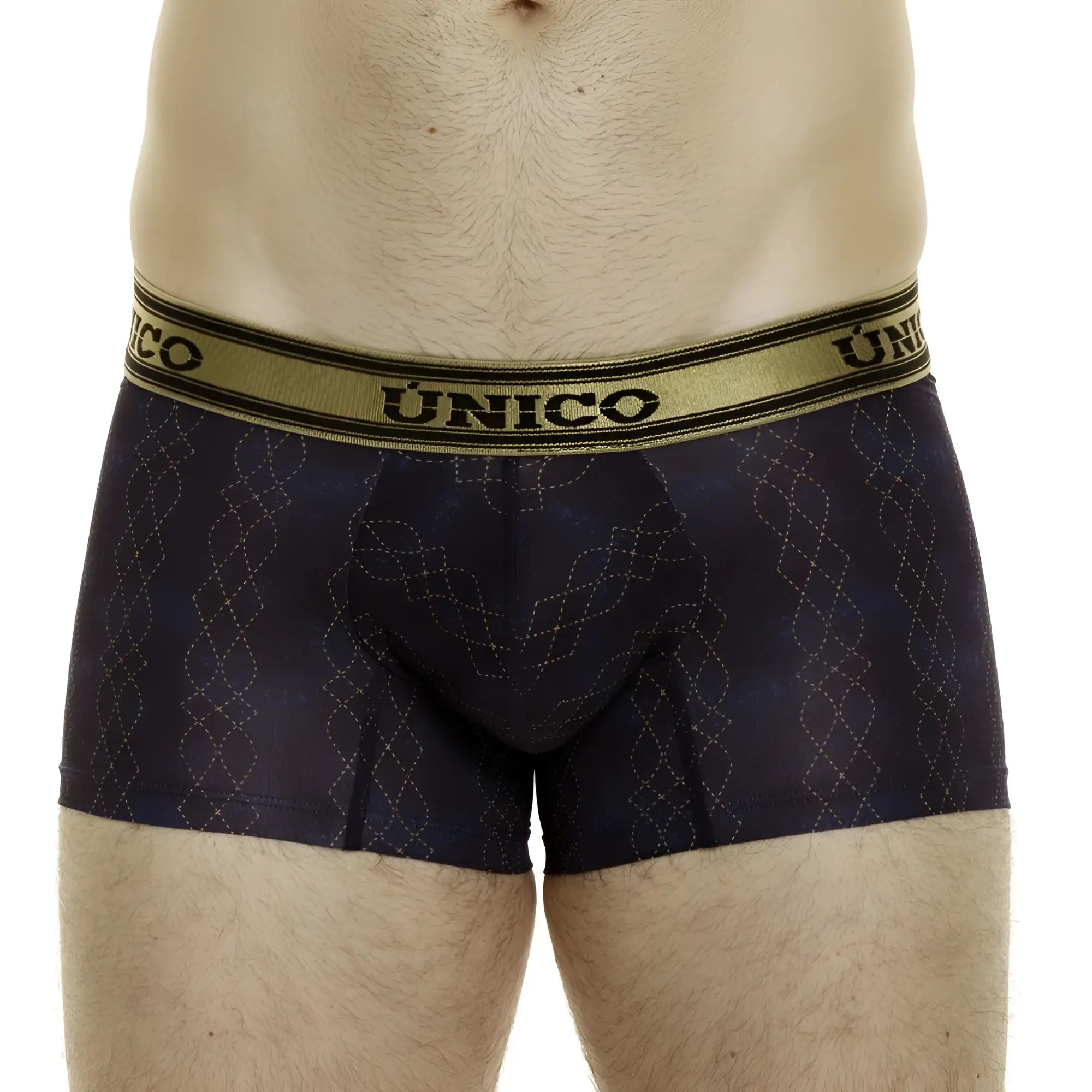 Dark blue unico 24020100106 laca trunks boxer briefs with gold diamond pattern and gold waistband with brand name