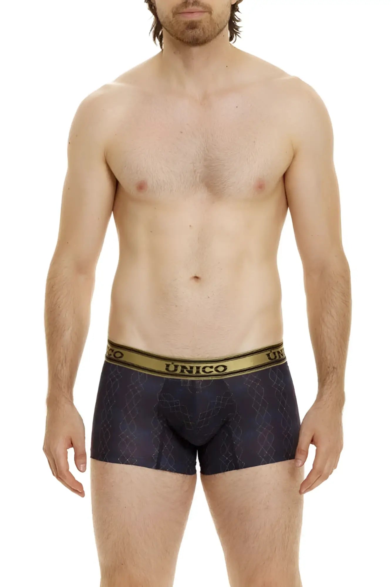 Dark blue Unico 24020100106 Laca trunks with subtle geometric pattern and gold elastic waistband in black color