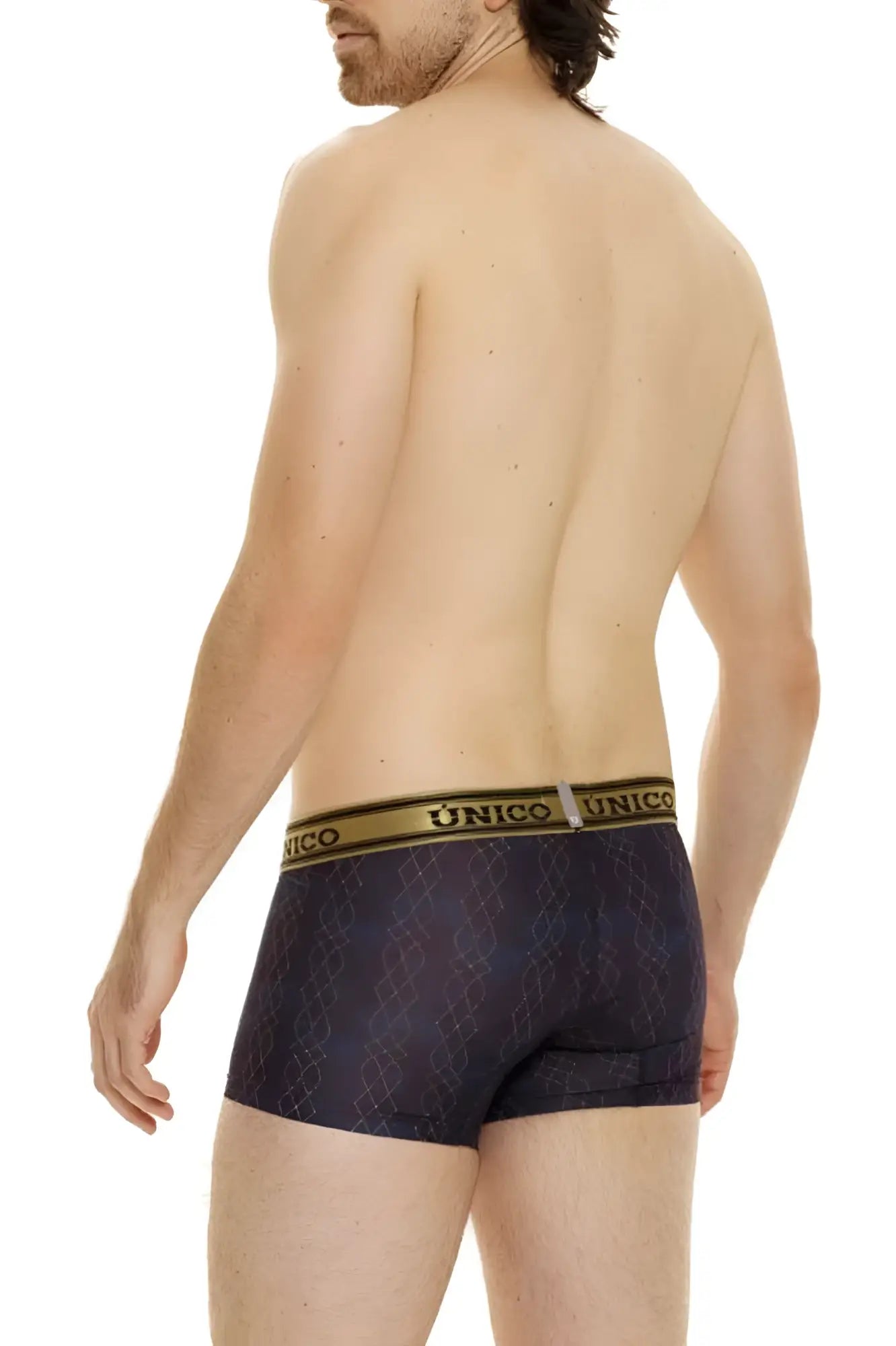 Dark blue Unico 24020100106 Laca trunks boxer briefs with geometric pattern and gold trimmed waistband in black