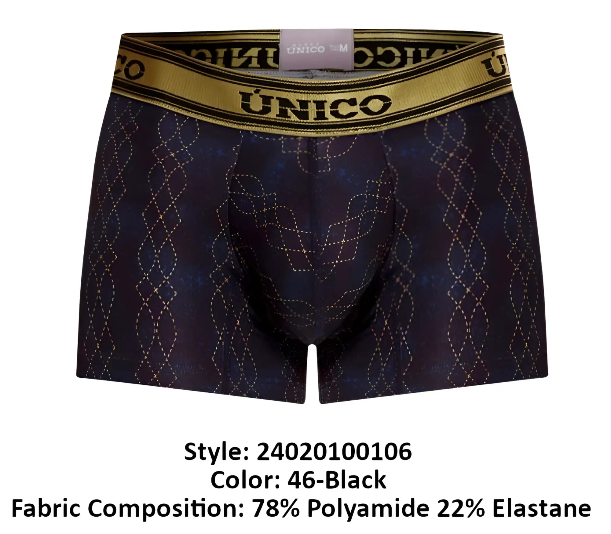 Dark blue unico 24020100106 laca trunks with subtle gold diamond pattern and gold waistband color 46 black