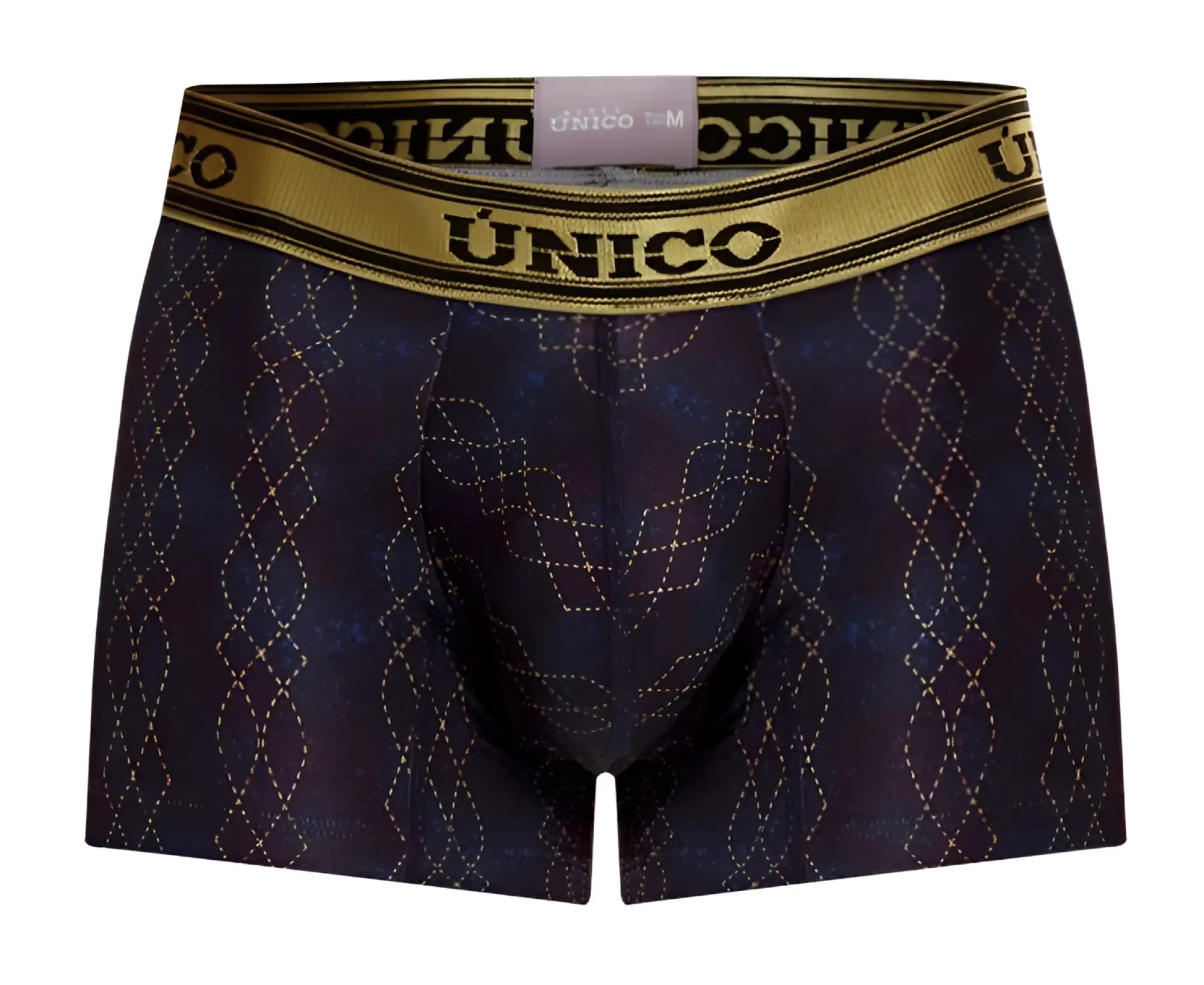 Dark blue unico 24020100106 laca trunks with gold geometric pattern and contrasting gold waistband in black color