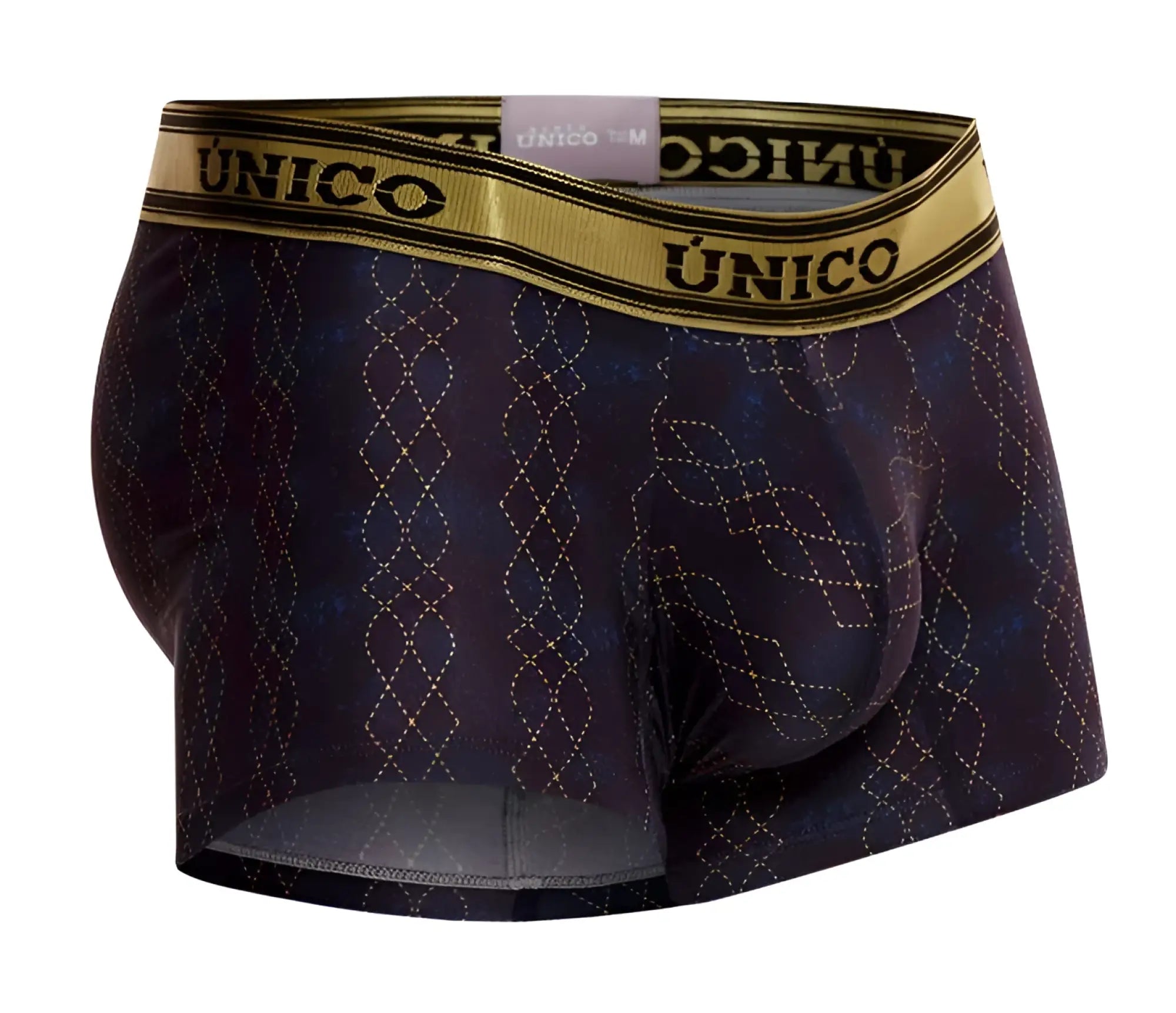 Dark blue unico 24020100106 laca trunks with subtle geometric pattern and gold-trimmed waistband for men
