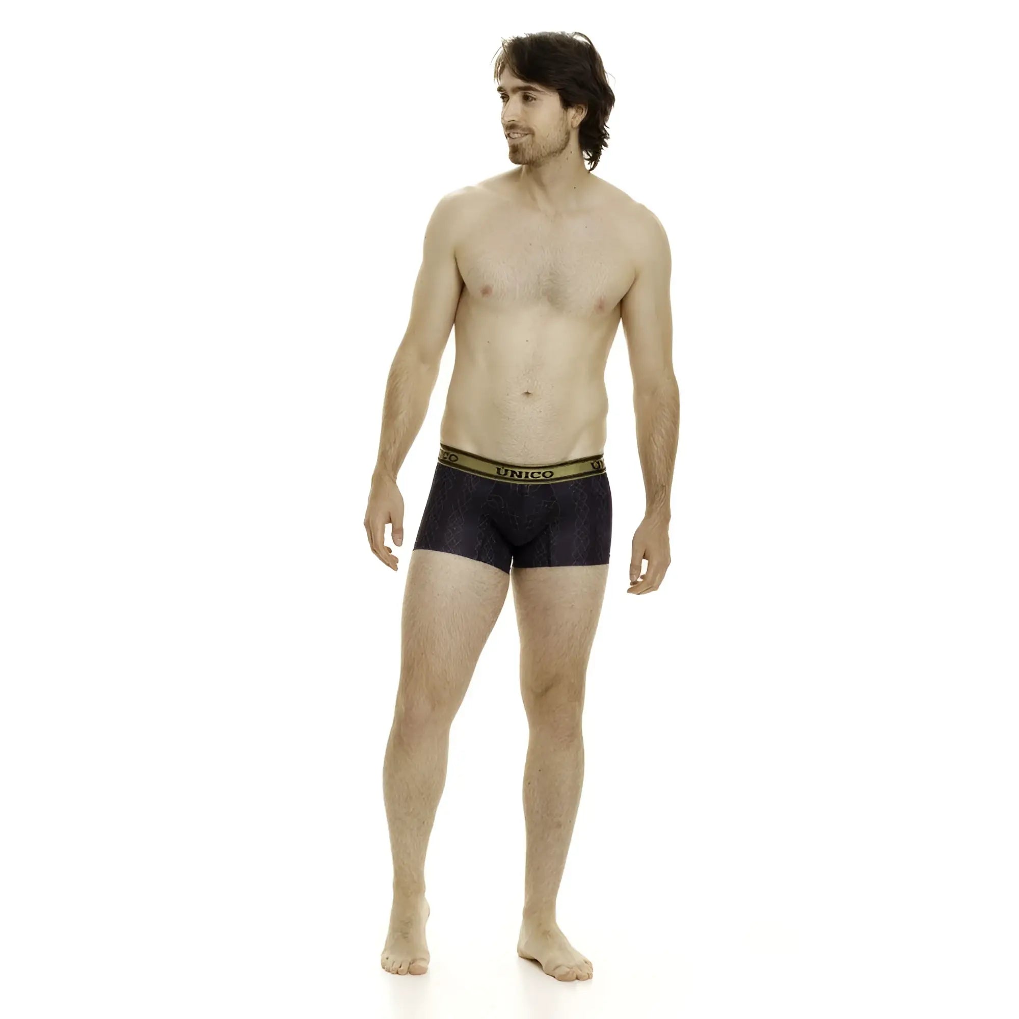 Unico 24020100106 Laca black briefs with gold-trimmed waistband featuring unico brand name and patterned design
