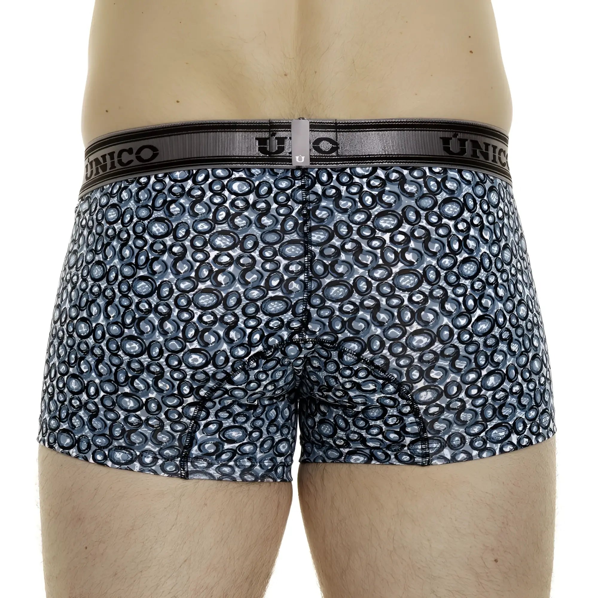 Unico 24020100110 Redondel trunks in blue feature black circular patterns and a gray elastic waistband for men