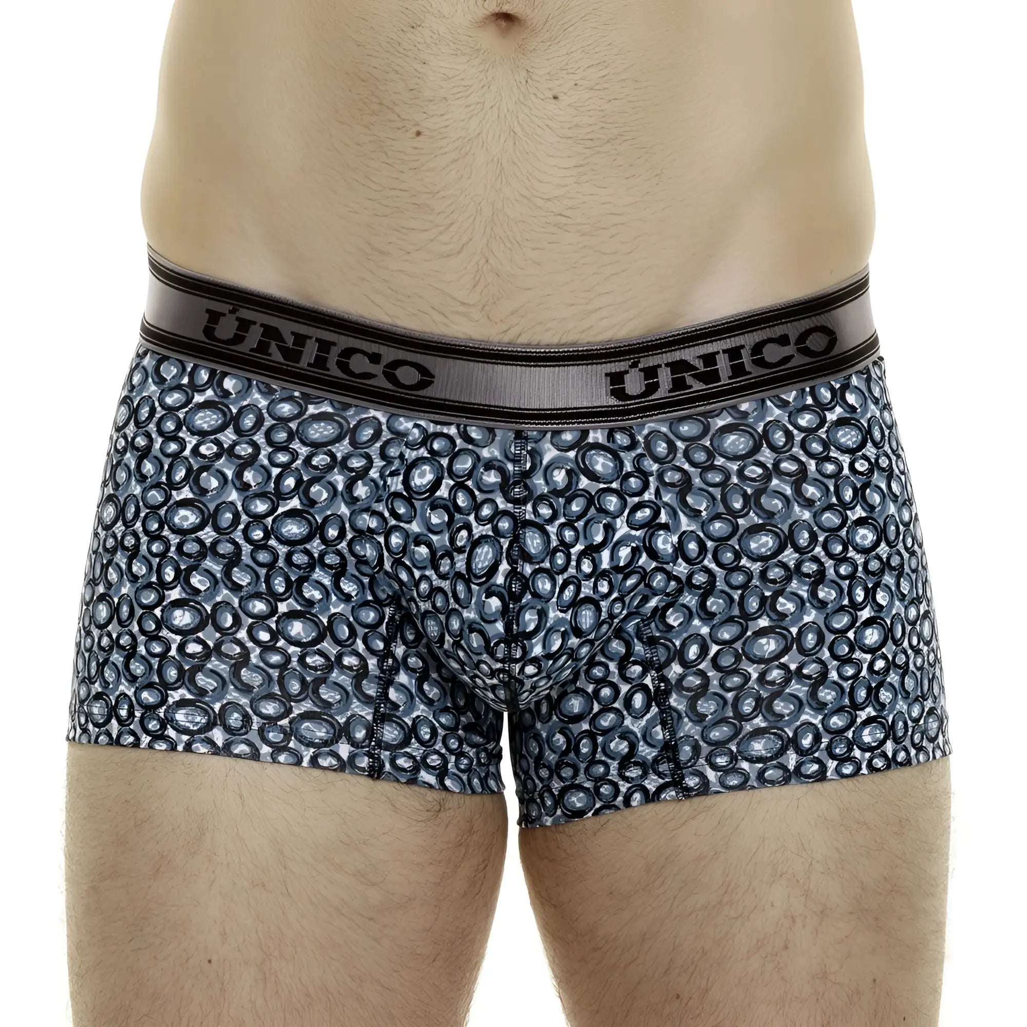 Unico 24020100110 redondel trunks men’s boxer briefs with overlapping dark gray and light blue circles on white background