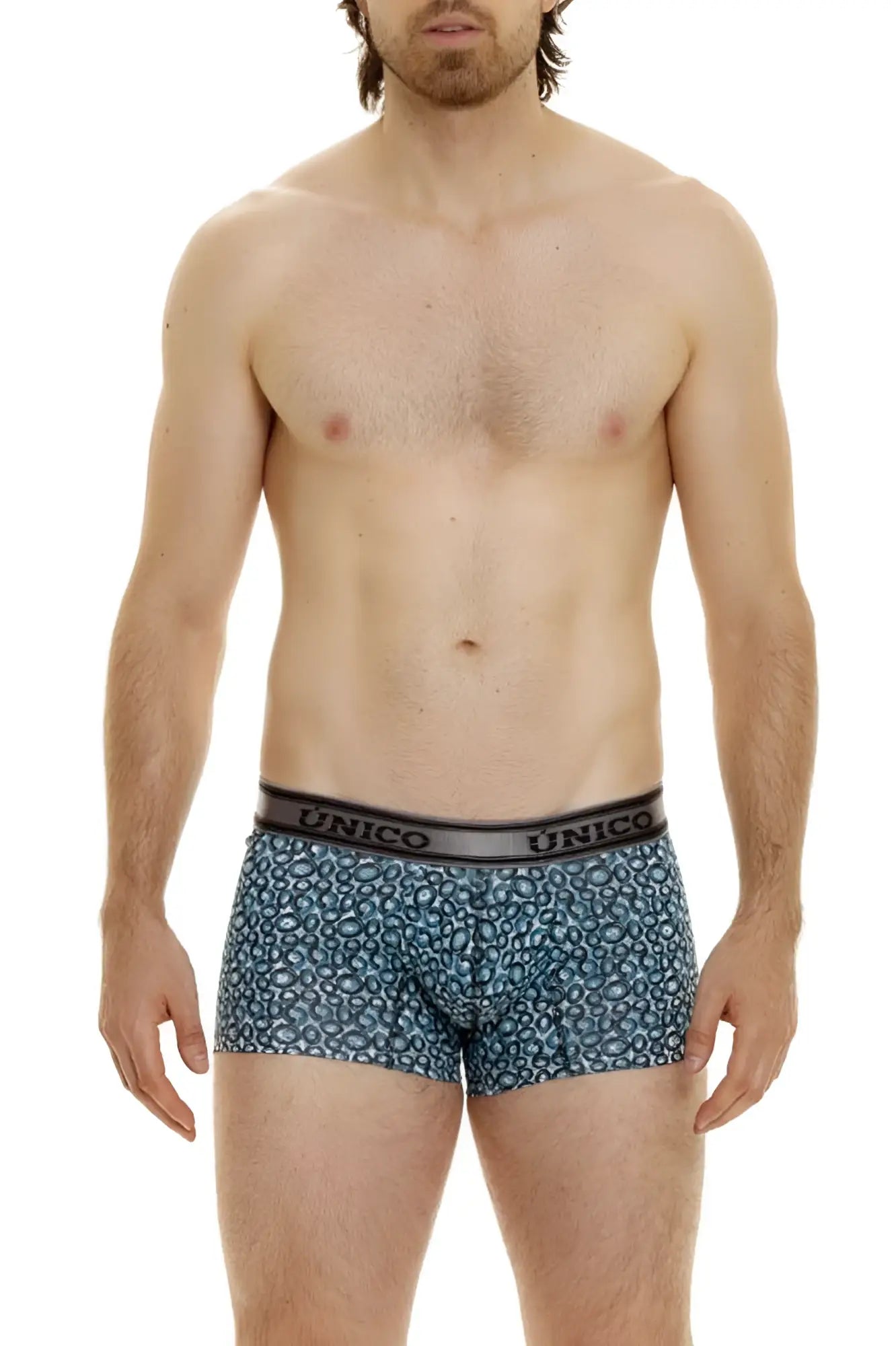 Blue leopard-print boxer briefs with black unico waistband in blue color from unico 24020100110 redondel trunks
