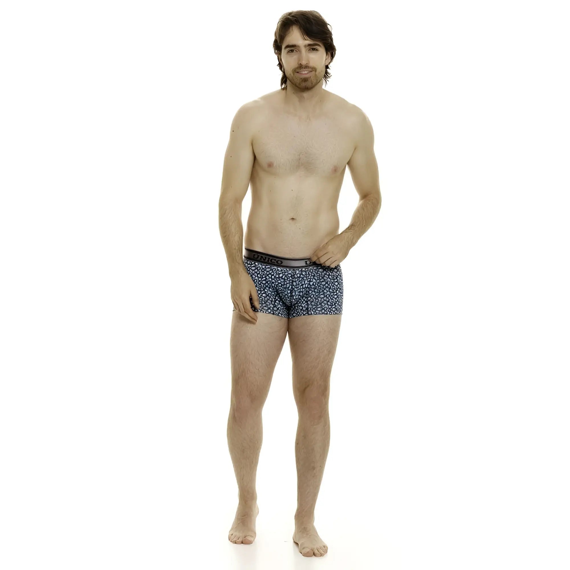 Men’s unico 24020100110 redondel trunks navy blue boxer briefs with subtle white floral pattern and black waistband