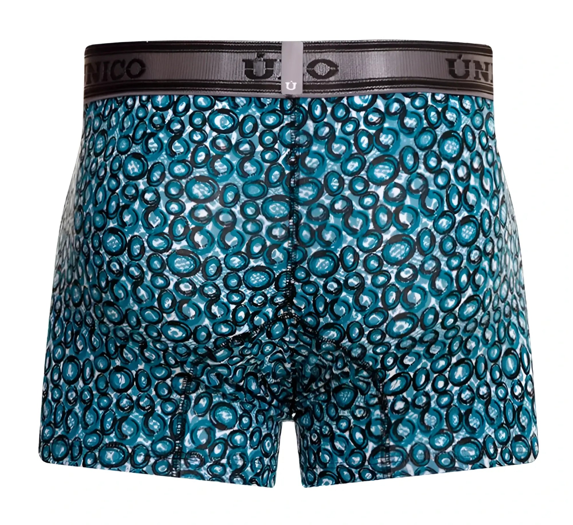 Unico 24020100110 Redondel trunks in teal and black circular pattern with gray unico waistband in blue color