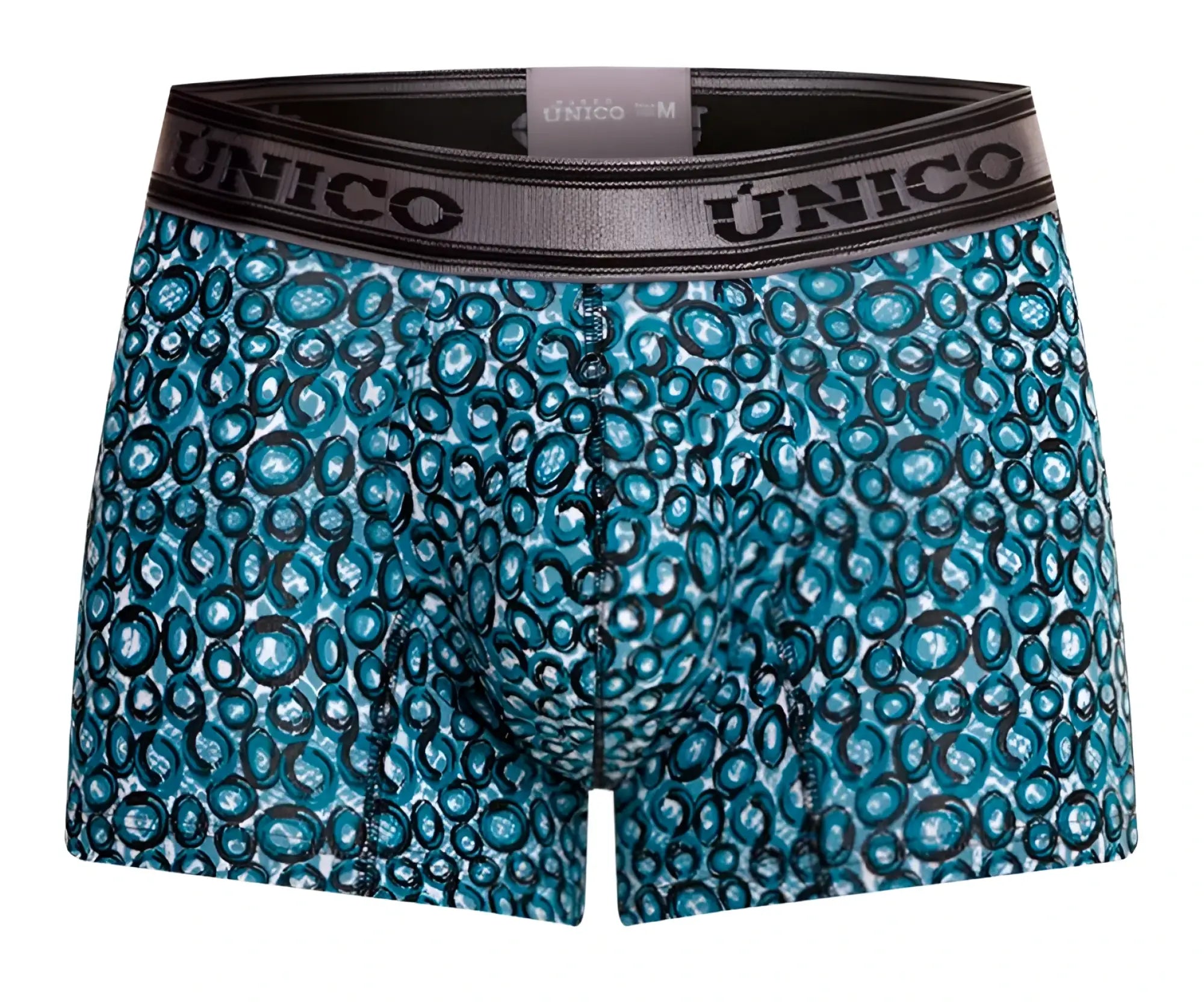 Teal and black circular patterned Unico 24020100110 Redondel trunks with gray waistband in color 46-blue for men
