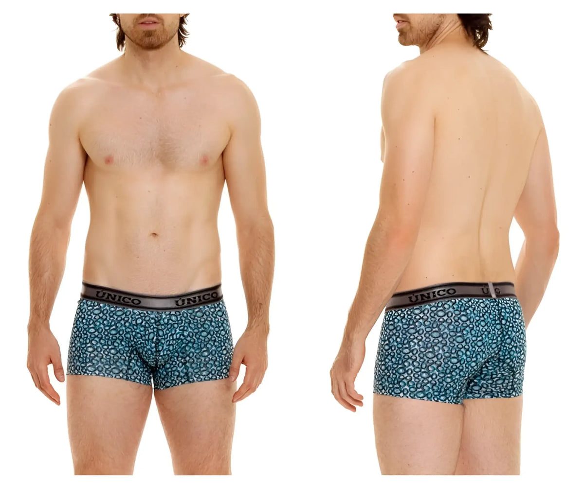 Teal and black leopard-print boxer briefs with branded elastic waistband from unico redondel trunks color 46-blue