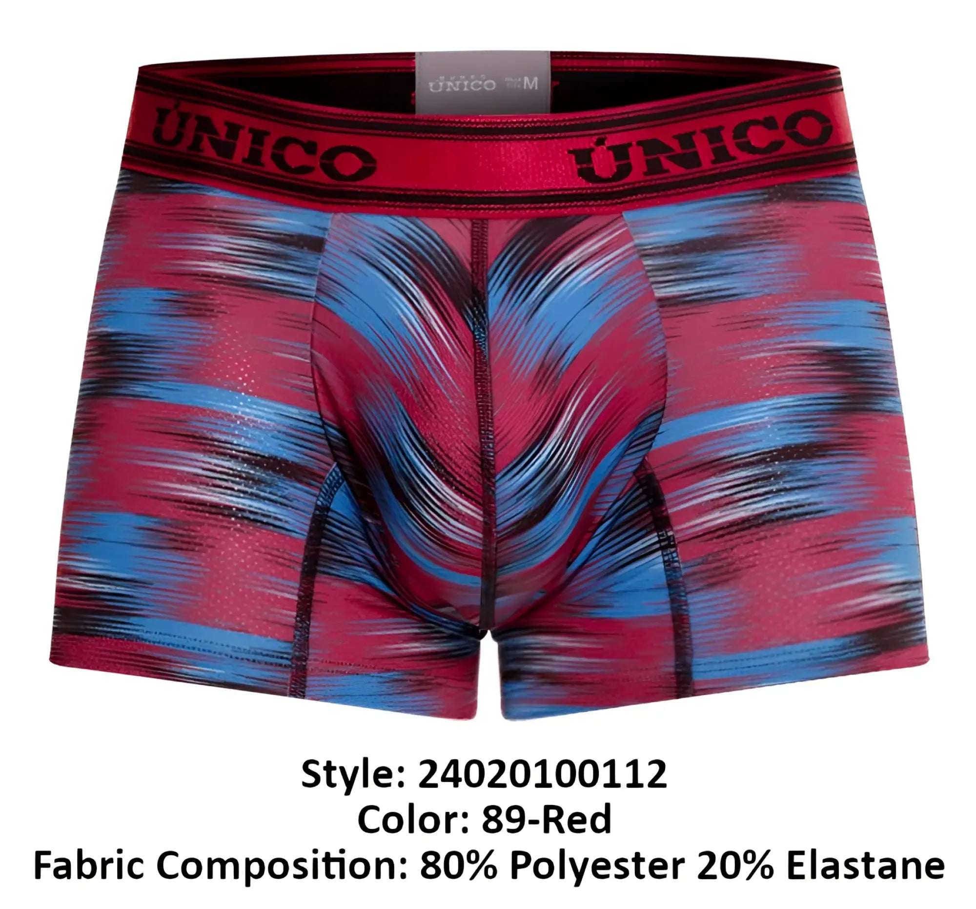 Red and blue abstract pattern unico men’s boxer briefs with black logo band in yute fabric color 89-red