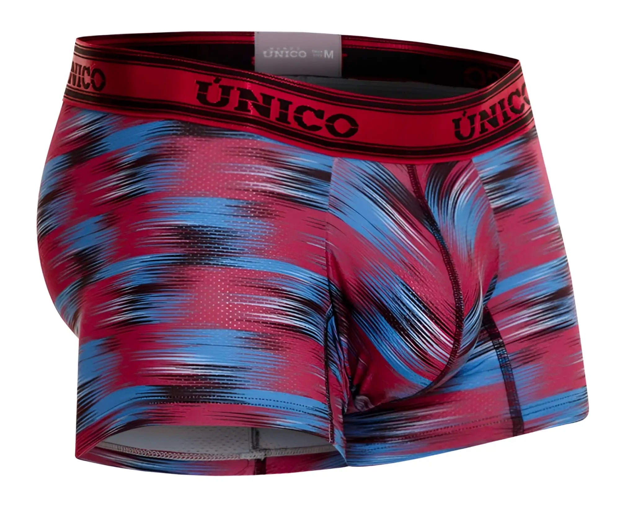 Unico 24020100112 yute trunks in red with blue abstract pattern and black logo band men’s boxer briefs