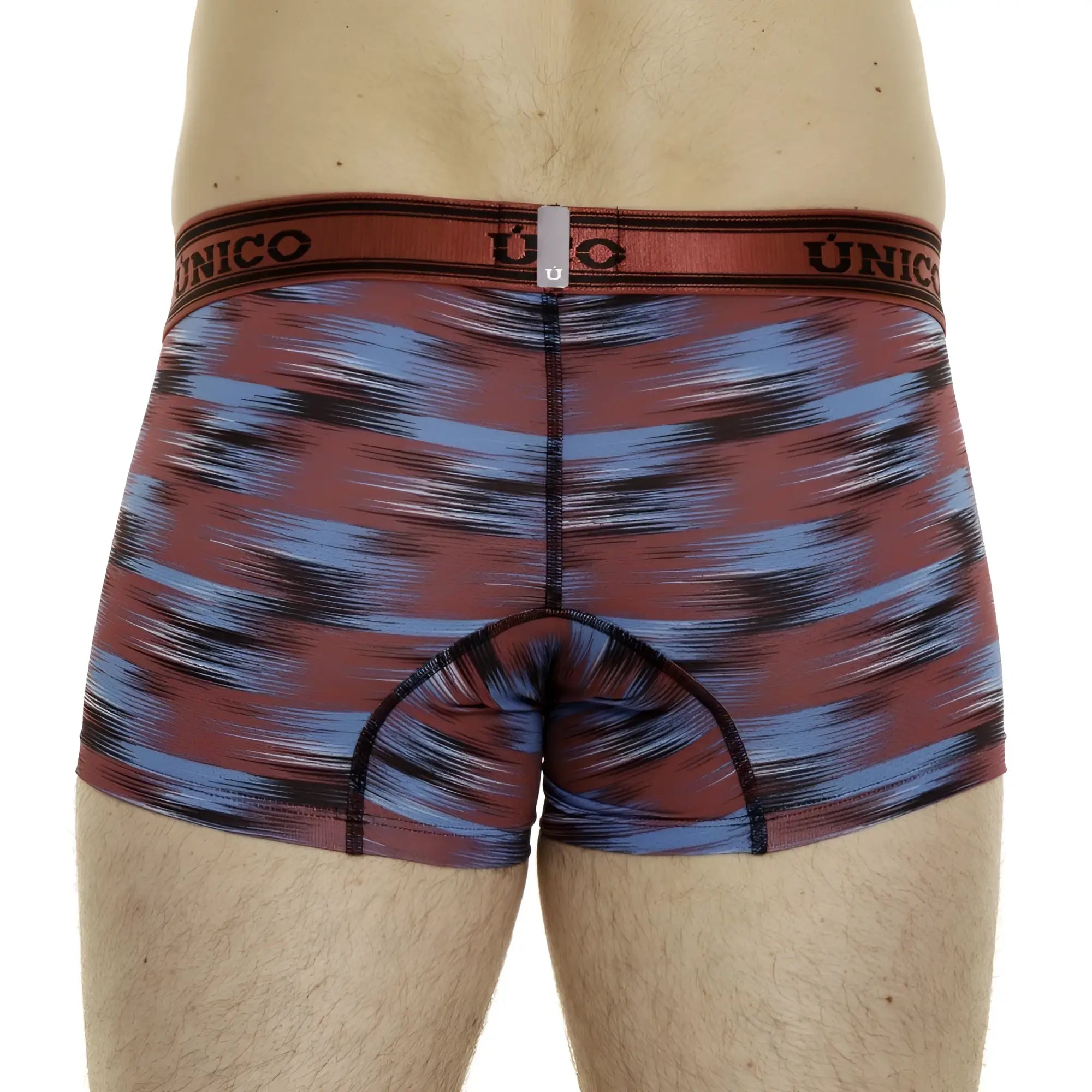 Unico yute trunks color 89 red boxer briefs with red and blue abstract pattern and branded elastic waistband