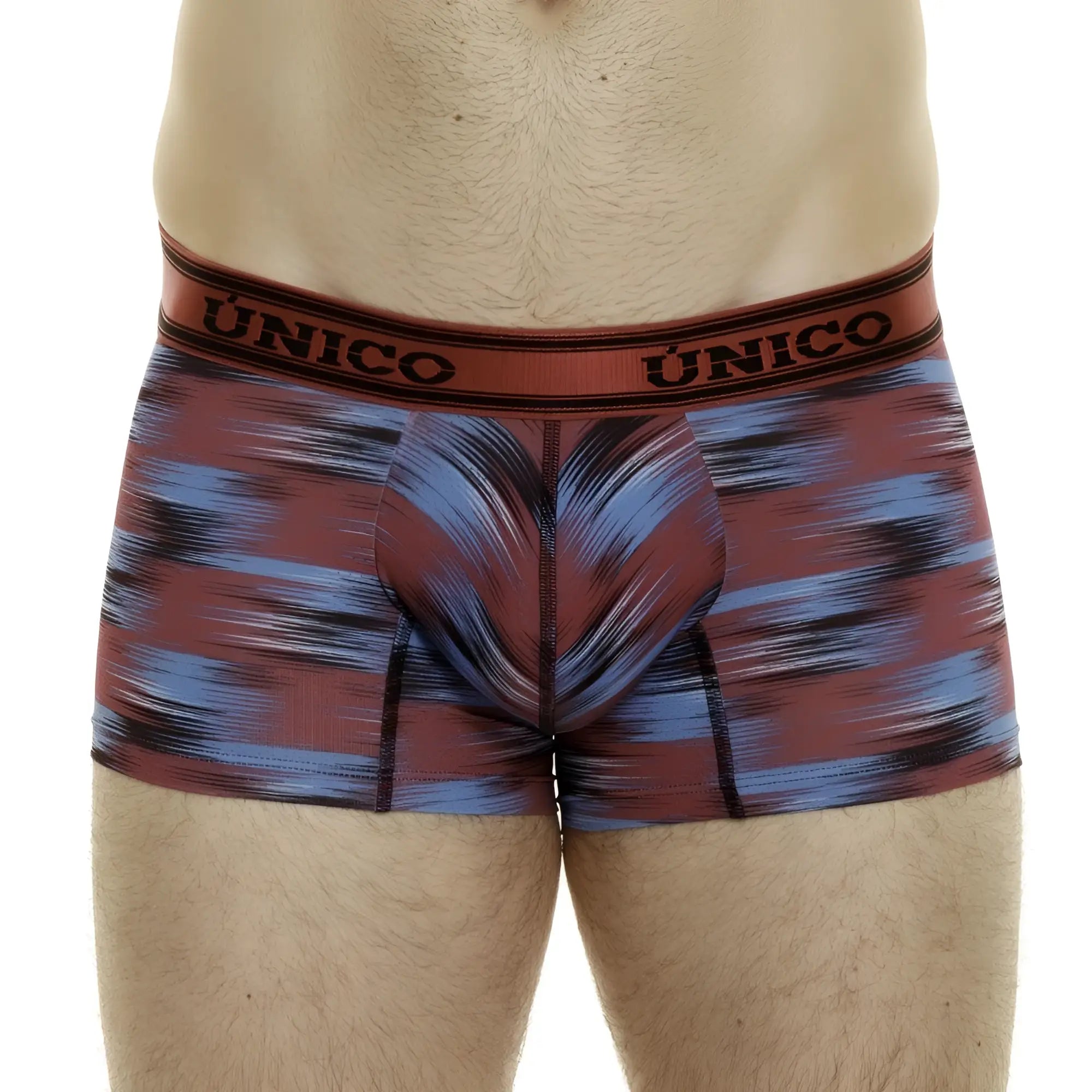 Maroon and blue abstract patterned unico trunks with branded elastic waistband in yute material color red