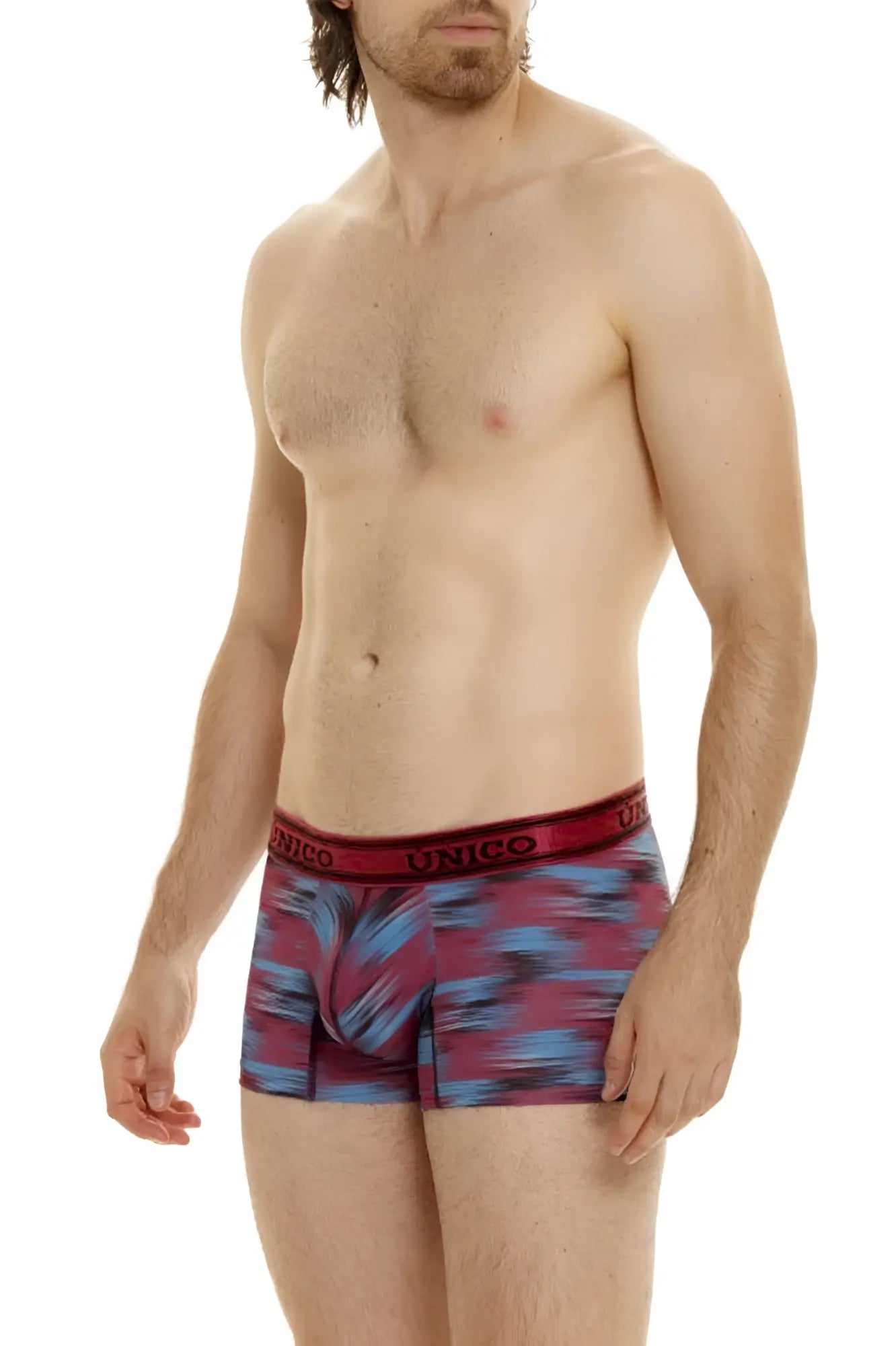 Men’s unico 24020100112 yute trunks boxer briefs with maroon blue abstract pattern and solid red waistband