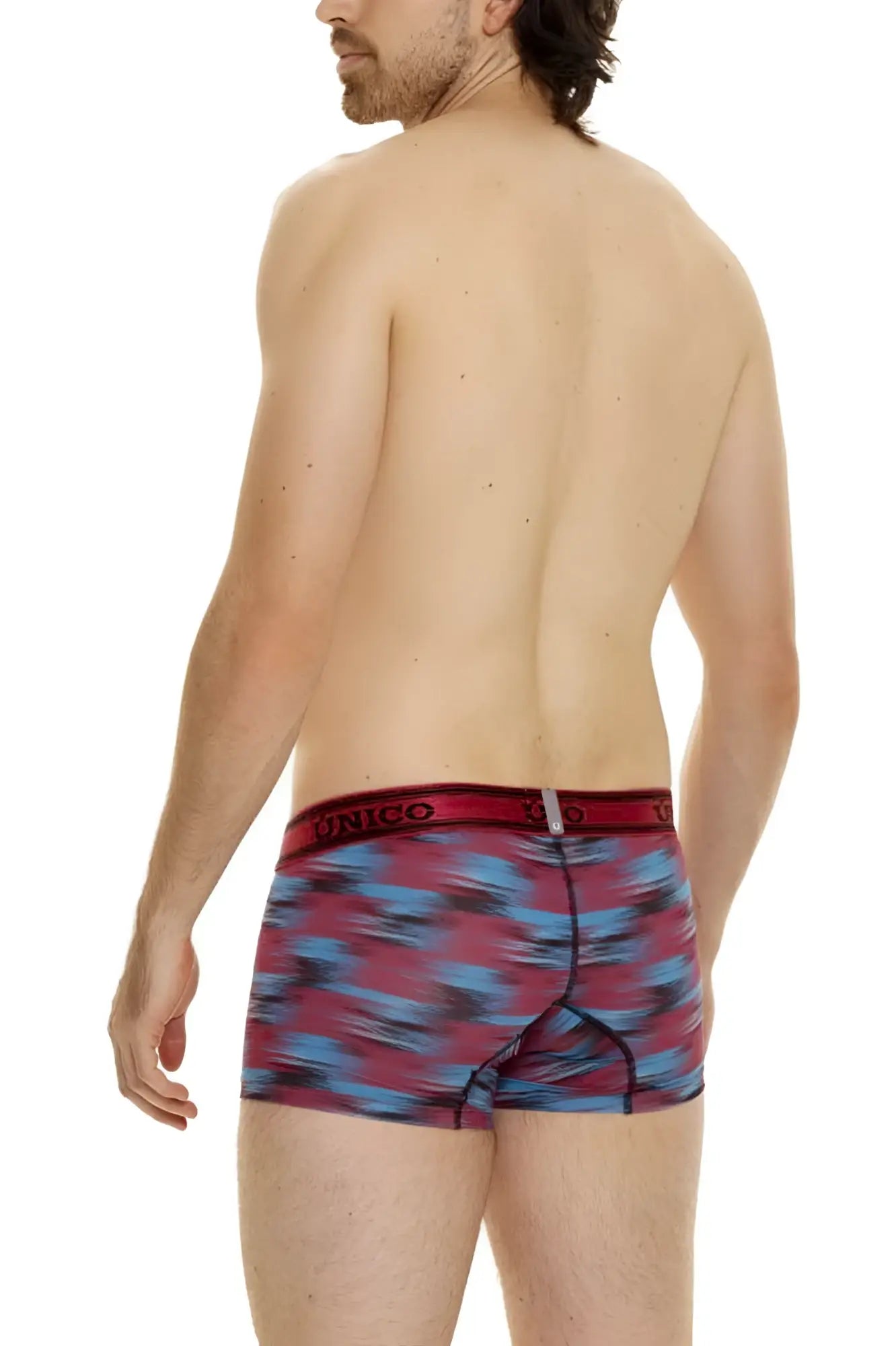 Men’s unico 24020100112 yute trunks boxer briefs in red with vibrant blue abstract pattern and matching elastic waistband