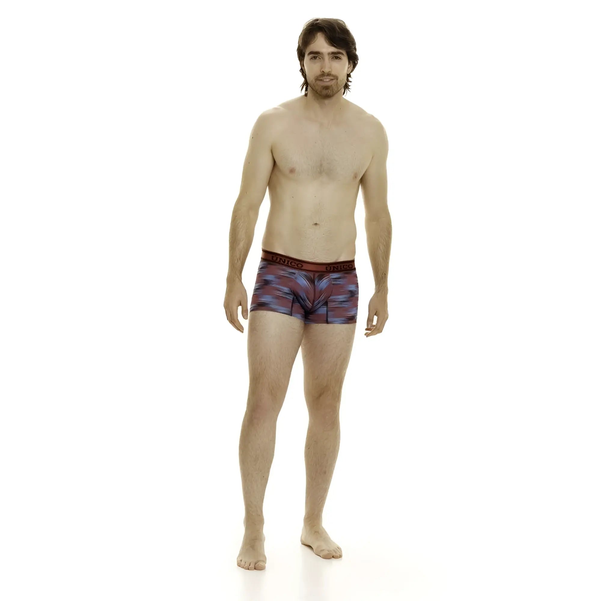 Men’s unico 24020100112 yute trunks boxer briefs with vibrant purple blue and red geometric pattern and dark waistband