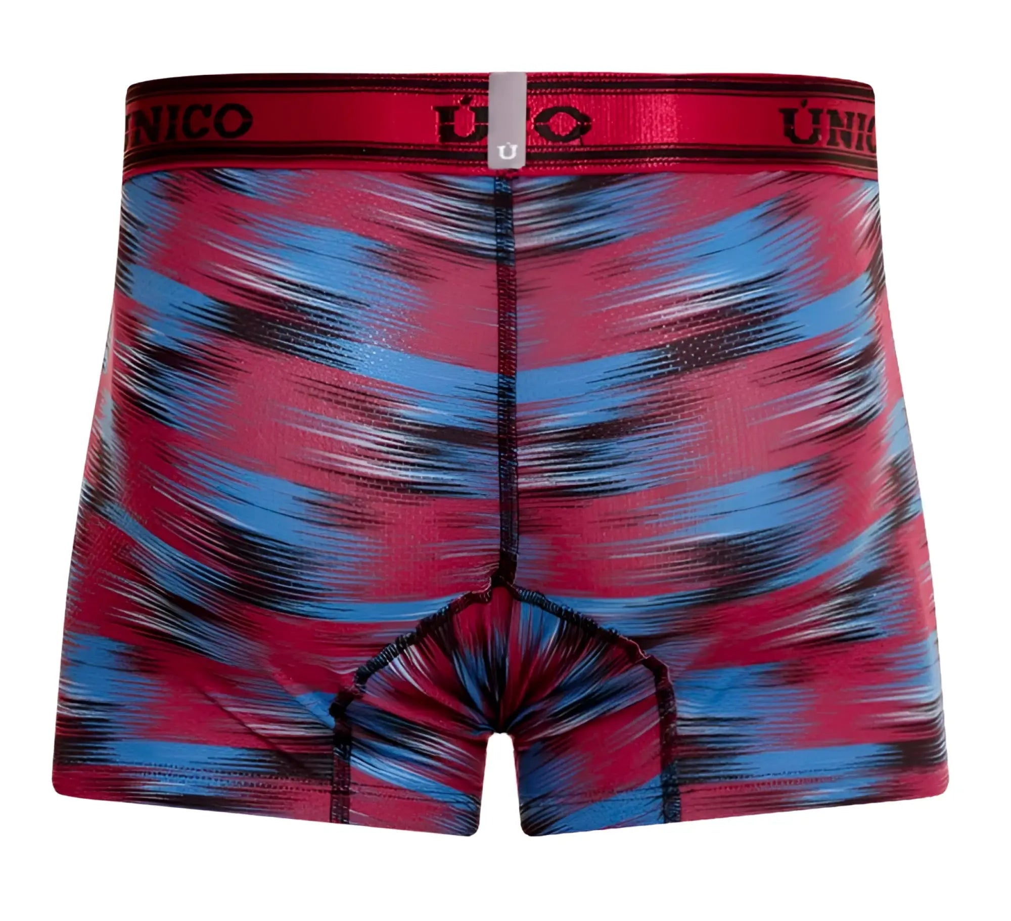 Unico 24020100112 yute trunks in vibrant red and blue abstract pattern with black waistband and unico logo
