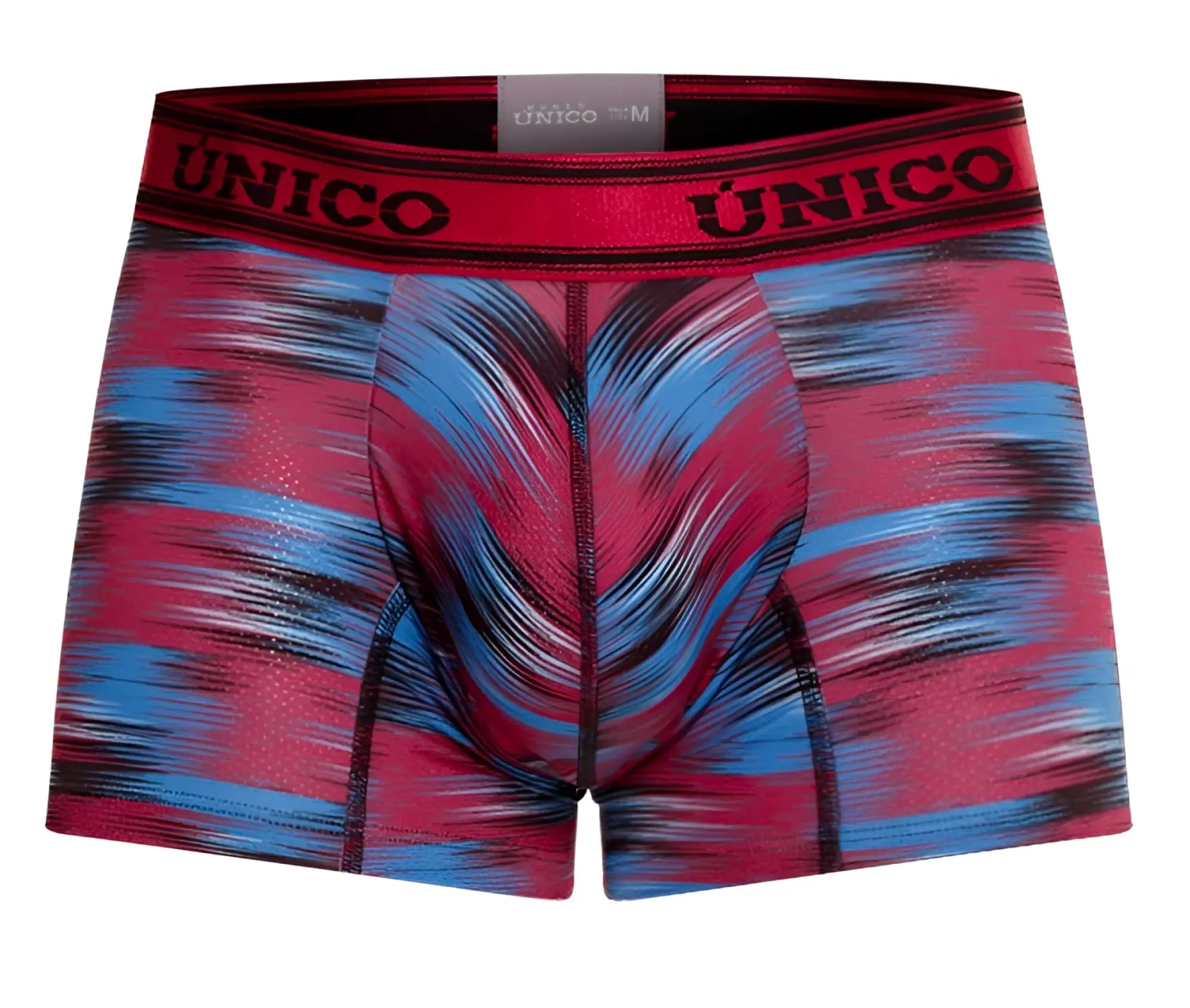 Unico 24020100112 yute trunks color 89-red men’s boxer briefs with vibrant pink blue abstract pattern and red waistband