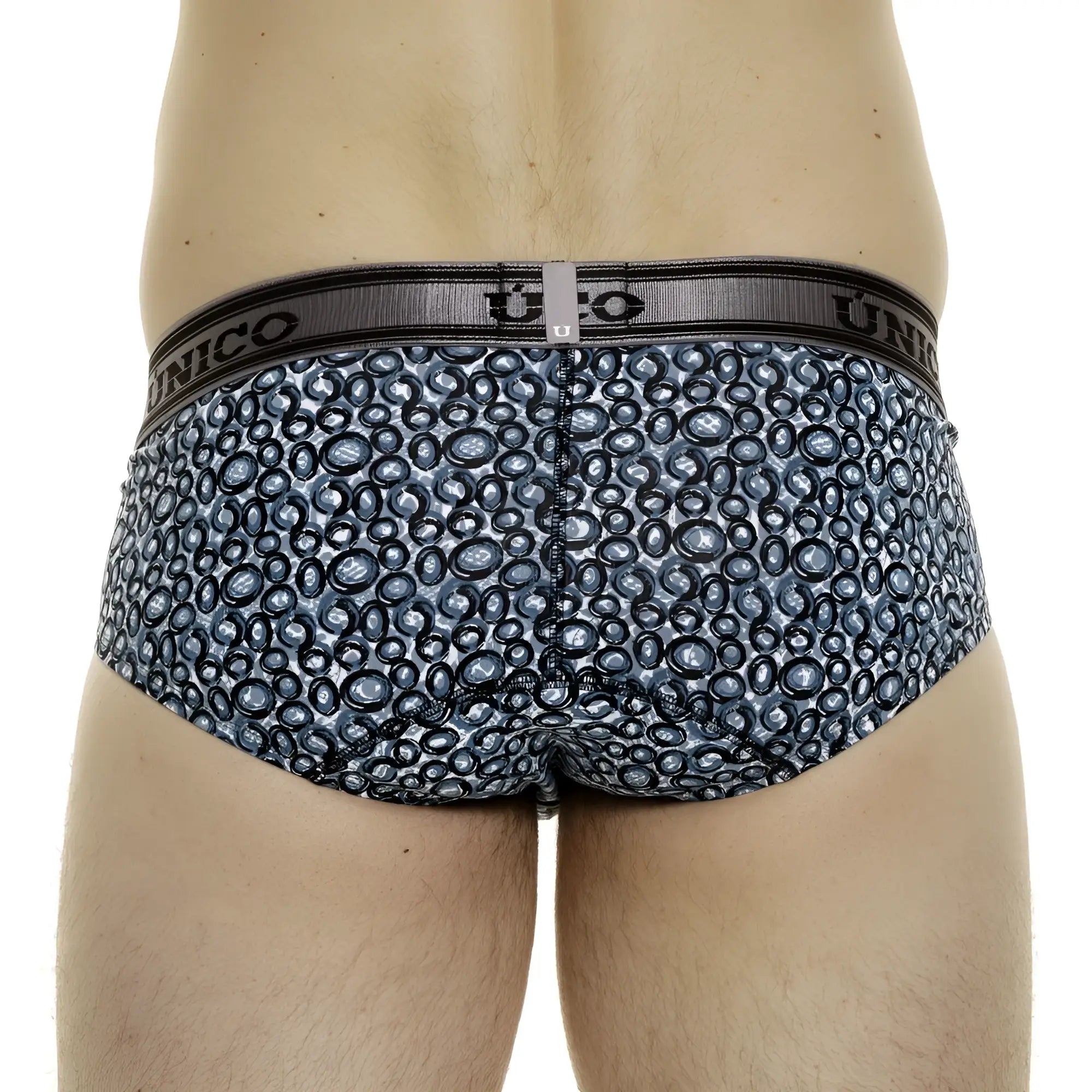 Unico 24020101110 redondel briefs in blue and black circular pattern with gray elastic waistband for men