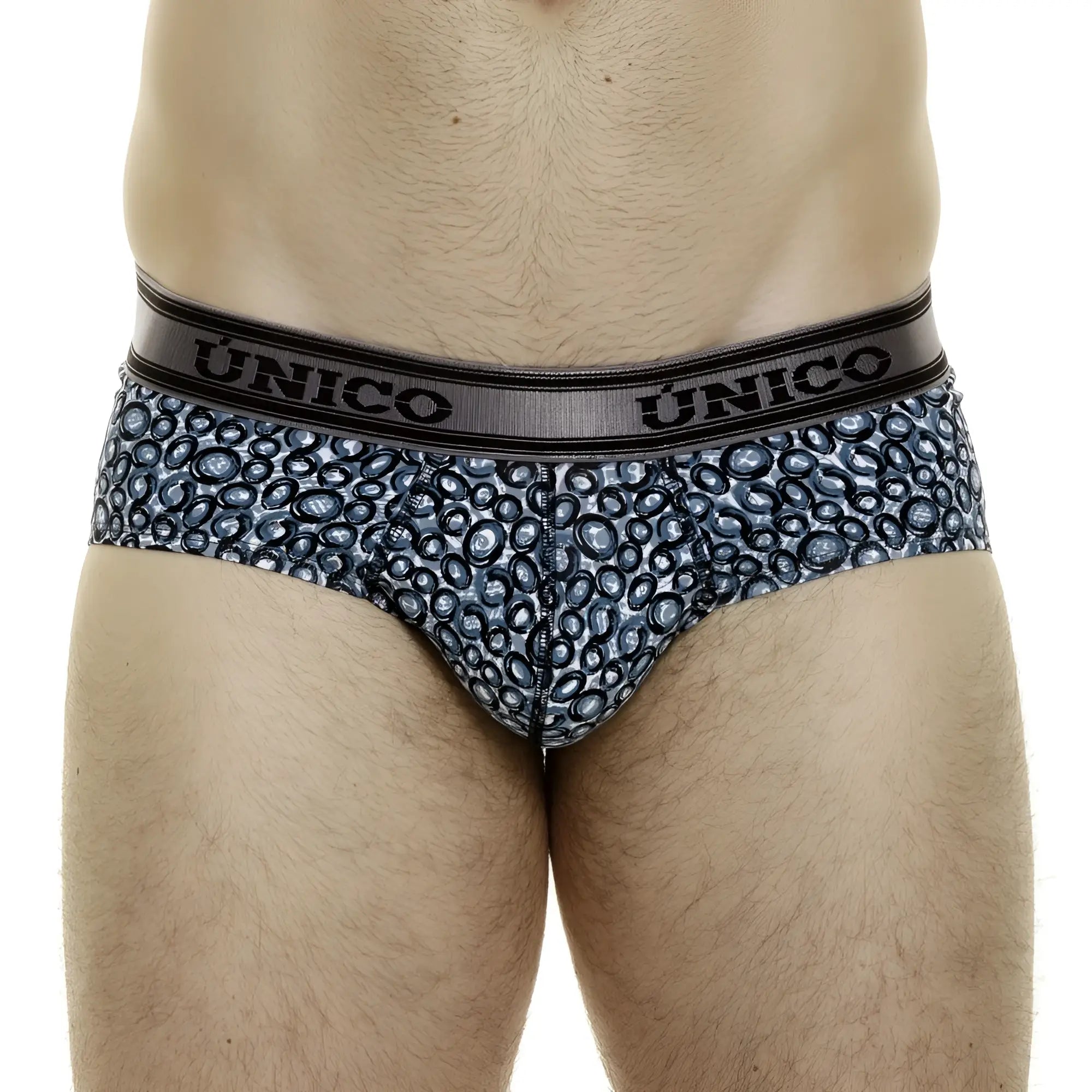 Unico 24020101110 redondel briefs in blue with gray and black circle pattern and black elastic waistband