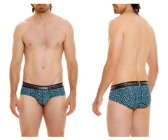 Blue unico 24020101110 redondel briefs in blue leopard print with black elastic waistband and brand name detail