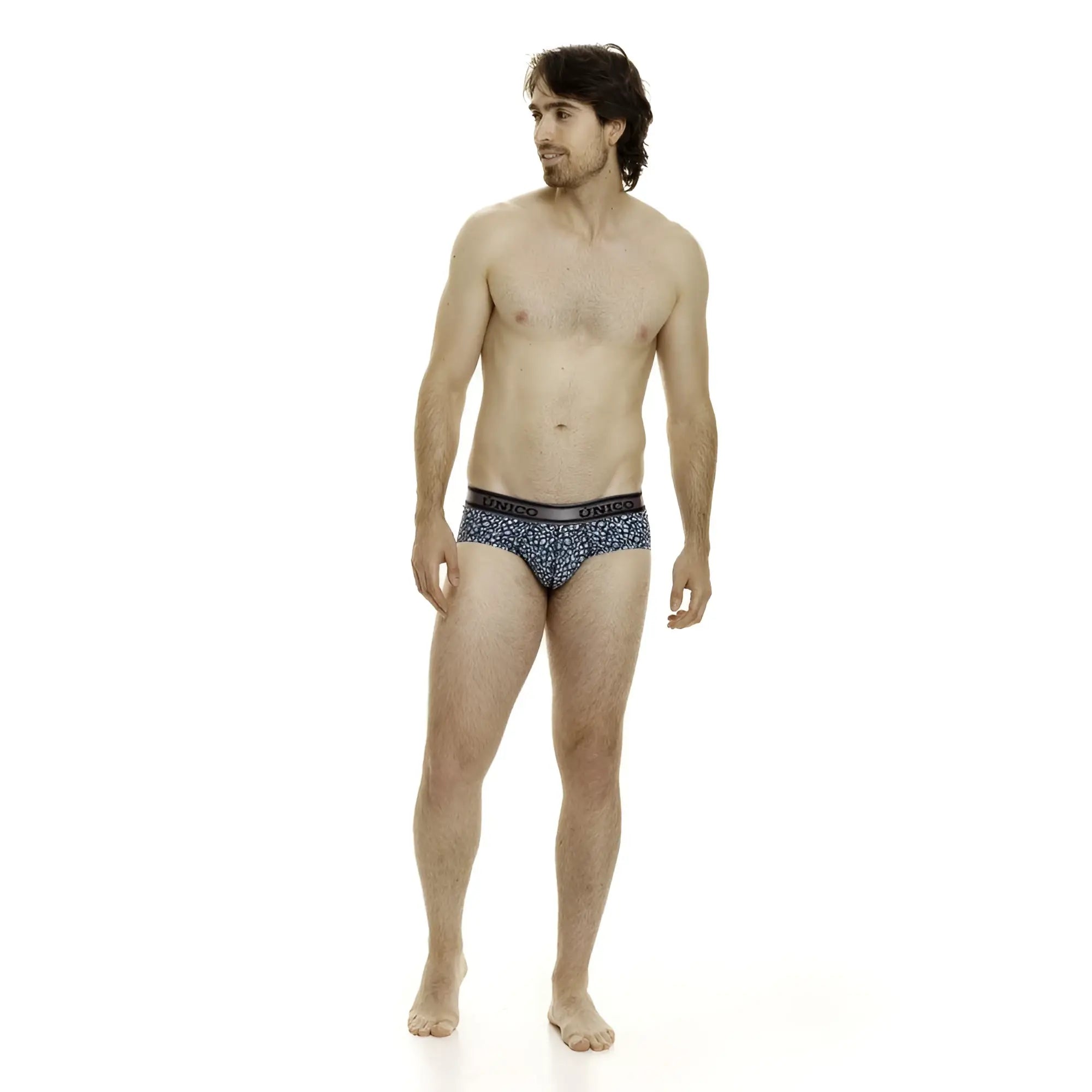 Blue patterned unico 24020101110 redondel briefs with black waistband featuring unico brand name in color 46-blue
