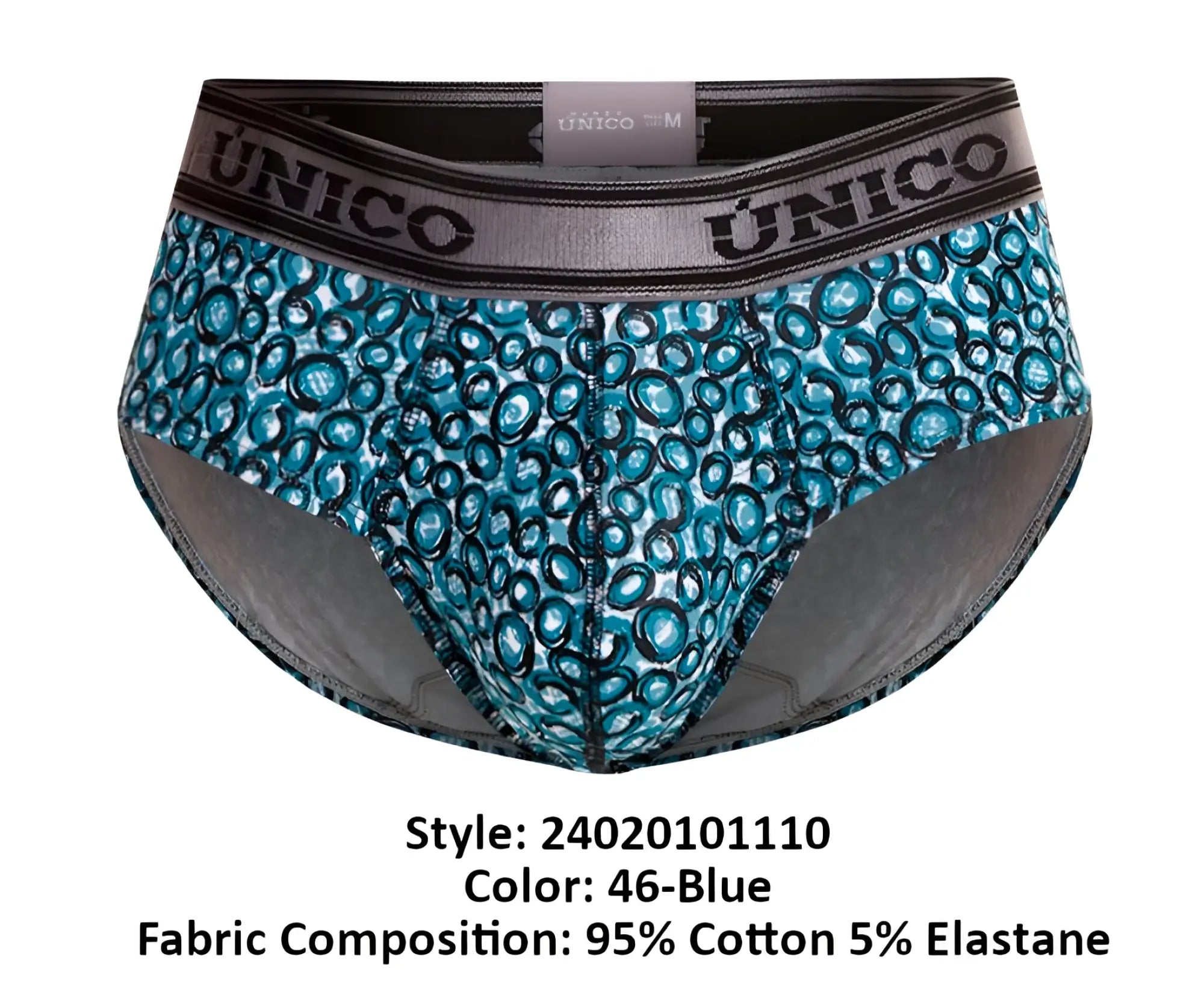 Blue patterned unico 24020101110 redondel men’s briefs with circular design and gray trim