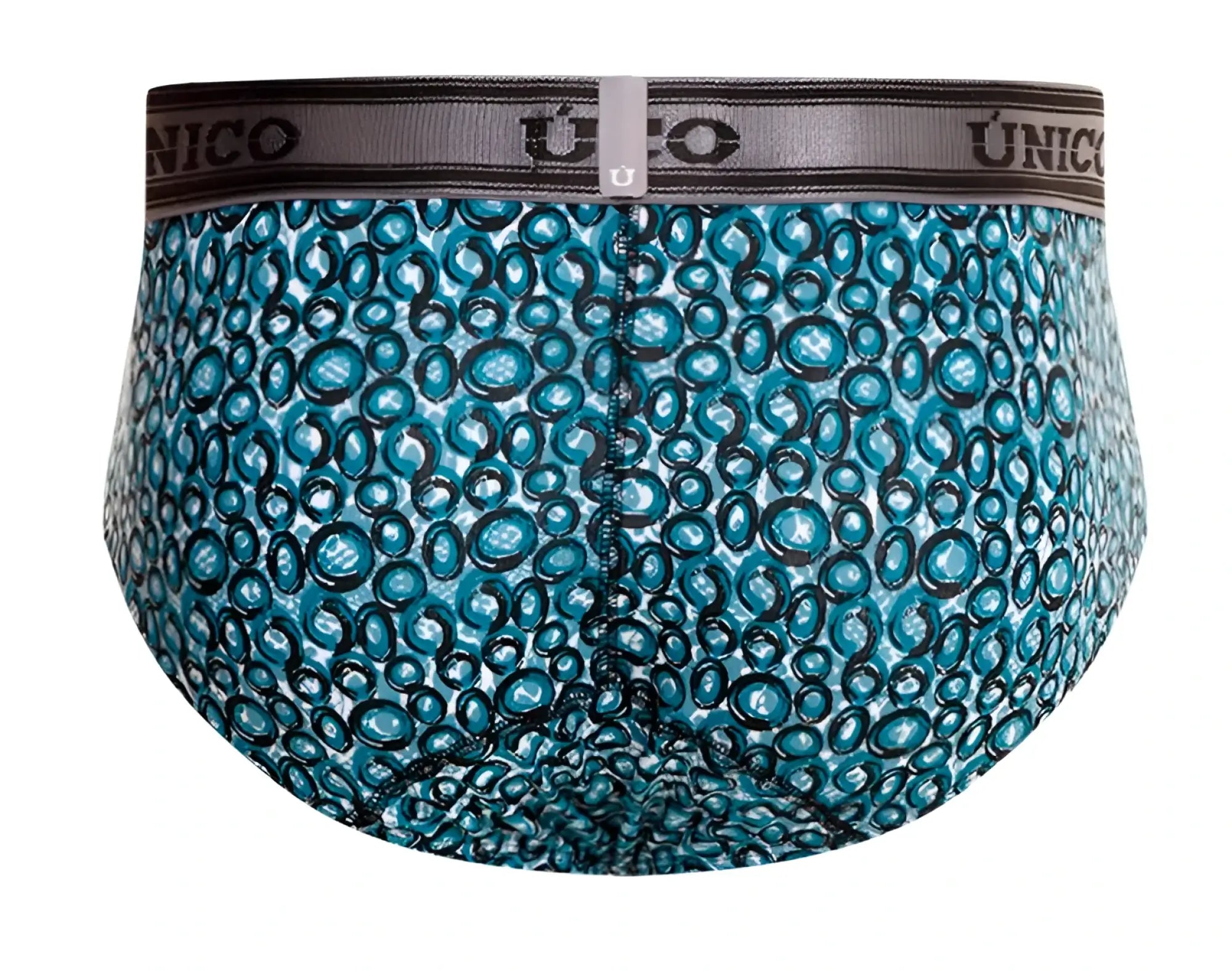 Men’s unico 24020101110 redondel briefs in teal and black circular pattern with gray elastic waistband color 46 blue