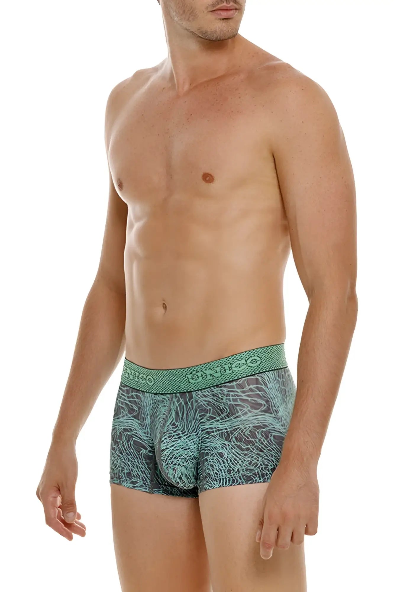 Men’s unico 24080100105 cairel trunks color 43 green with teal and gray pattern and textured waistband briefs