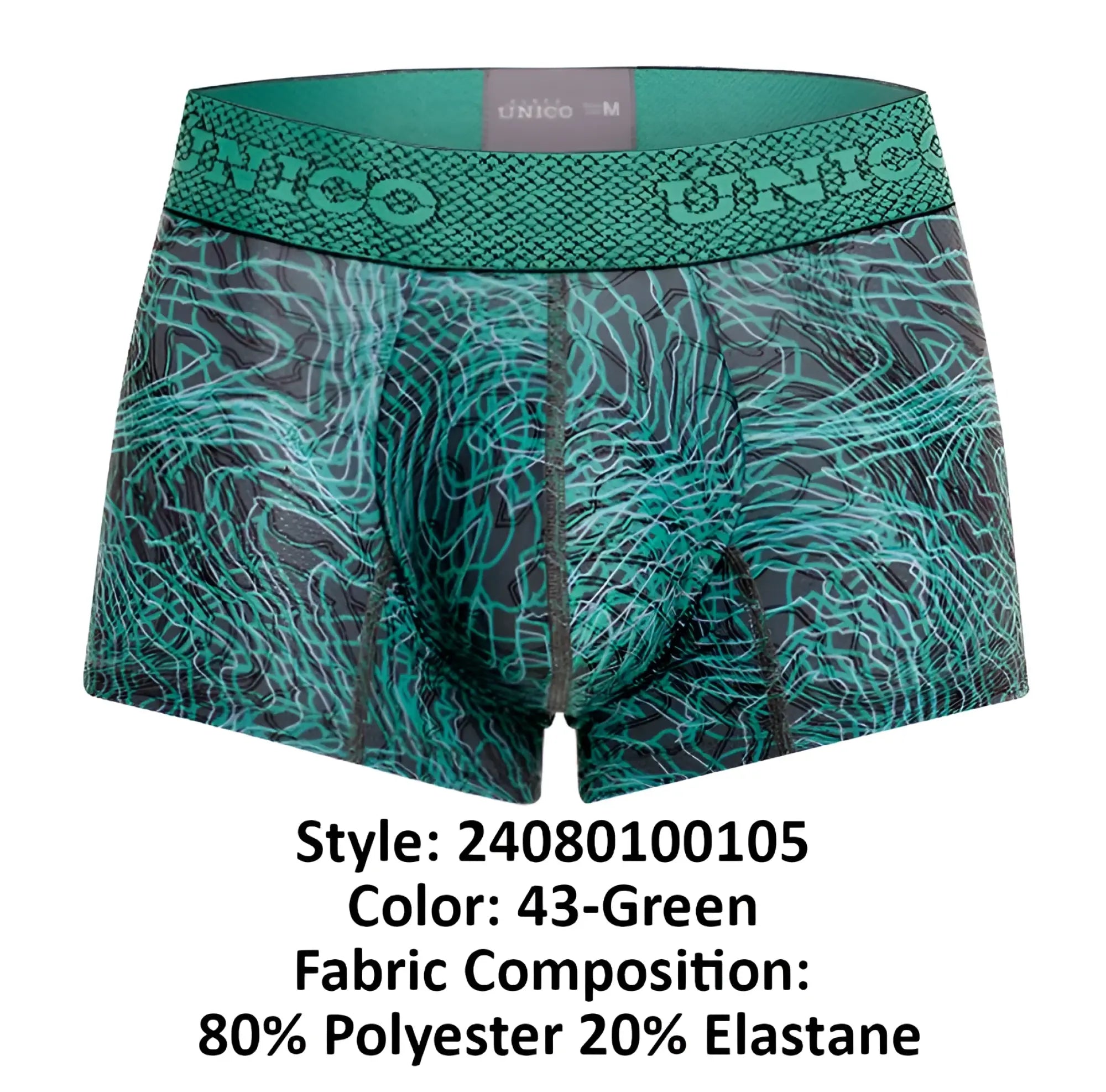 Unico 24080100105 cairel trunks teal and black patterned men’s boxer briefs with textured waistband color 43 green