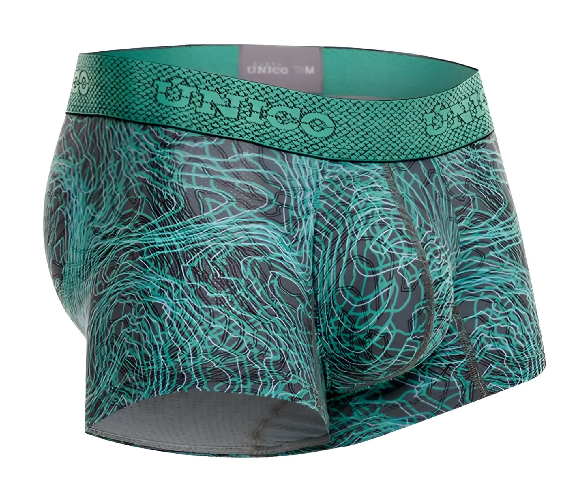 Unico 24080100105 Cairel trunks in teal and gray with snakeskin-textured waistband men’s boxer briefs