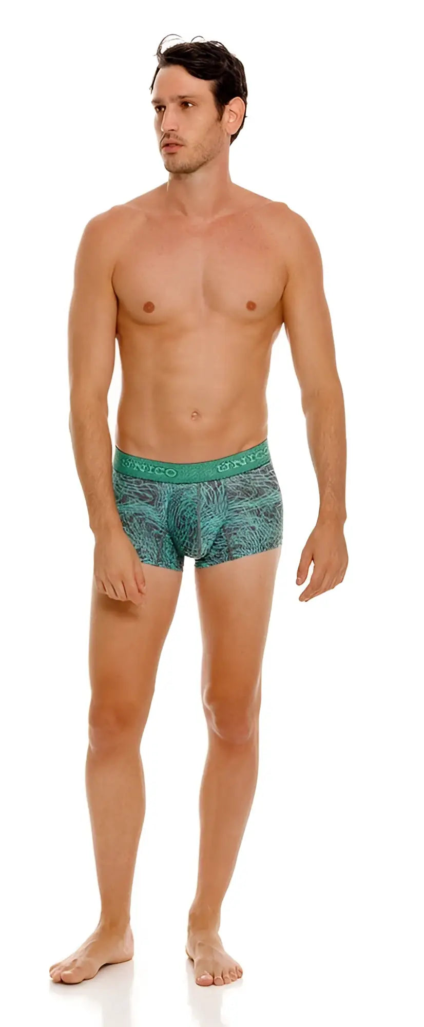 Unico 24080100105 Cairel trunks in teal with a subtle leaf pattern and elastic waistband in green color