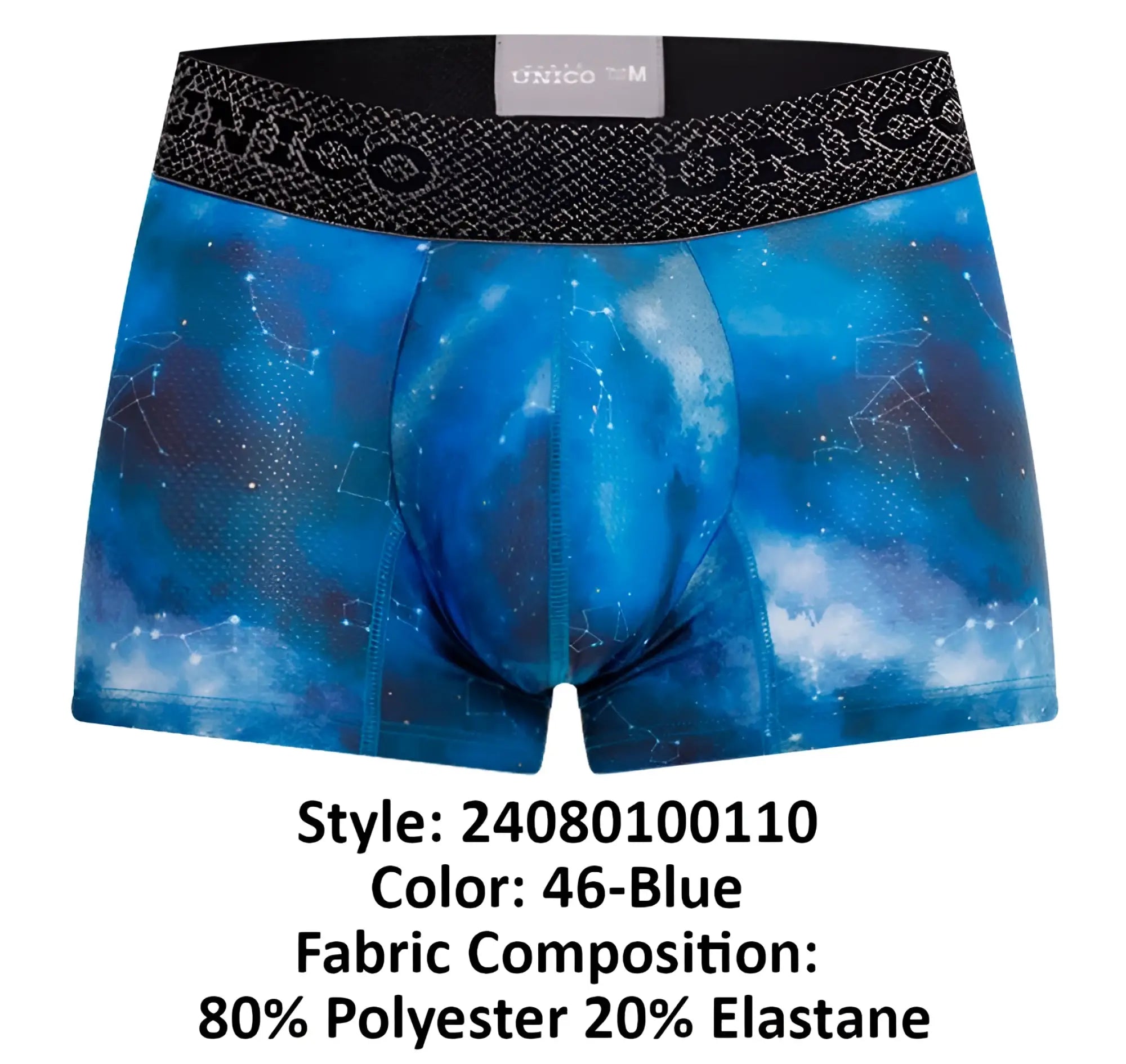 Unico 24080100110 infinito trunks blue celestial-themed boxer briefs with black elastic waistband and unico logo