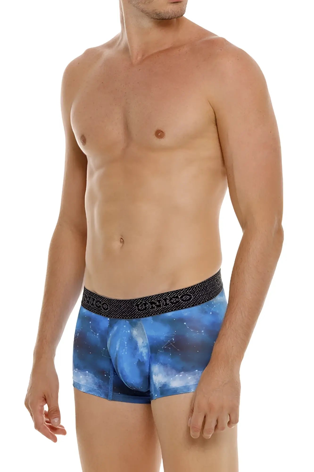 Blue galaxy-patterned men’s boxer briefs with black elastic waistband branded unico 24080100110 infinito trunks color 46-blue