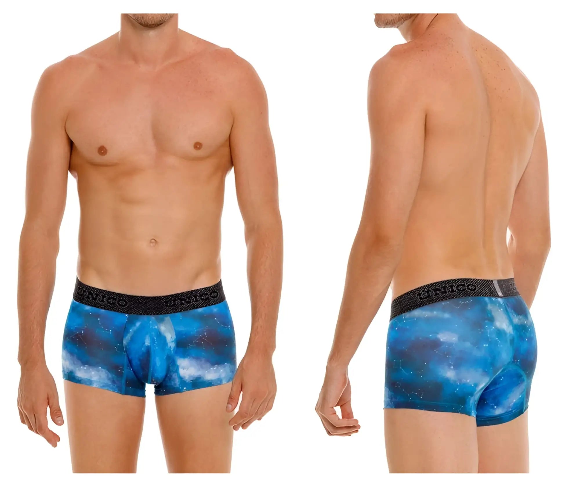 Blue galaxy-patterned men’s boxer briefs with black citruso waistband unico 24080100110 infinito trunks color 46-blue