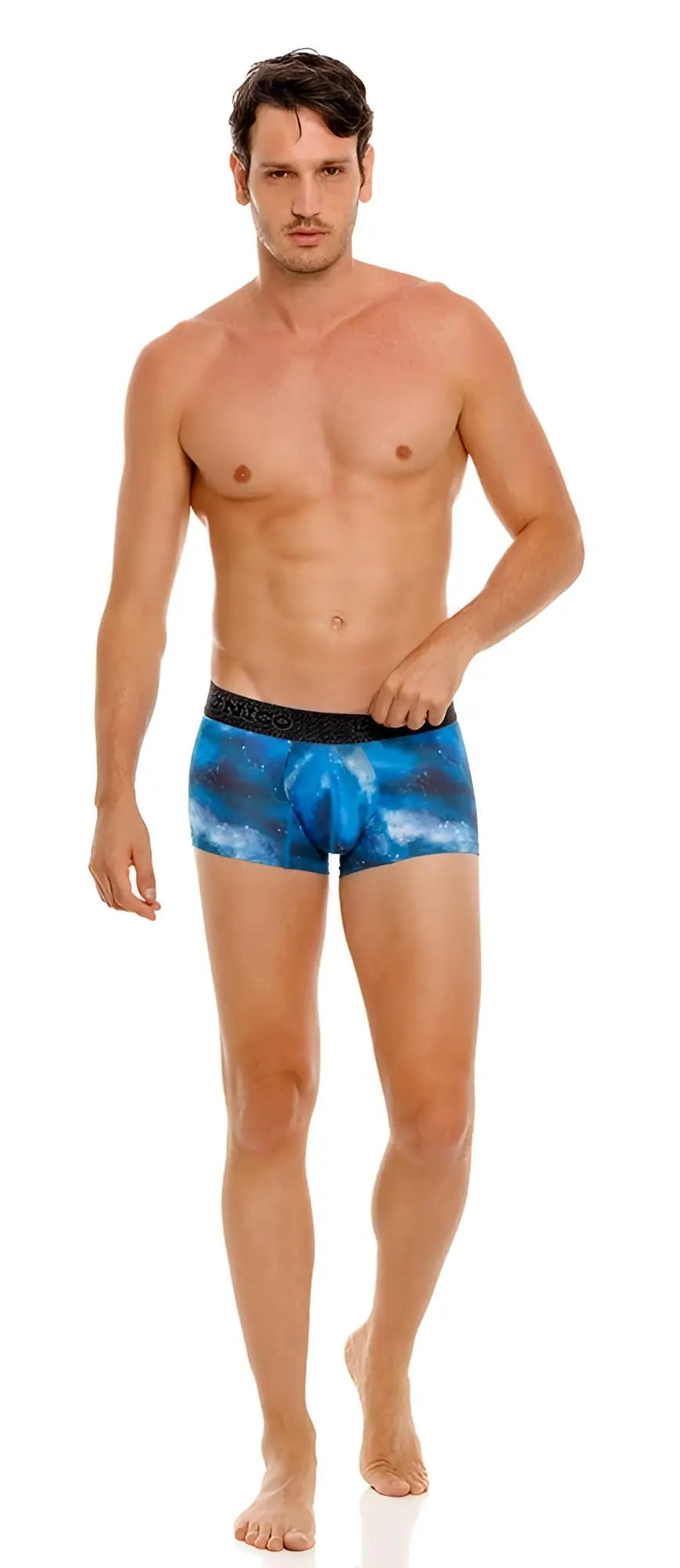 Blue galaxy patterned men’s boxer briefs with black elastic waistband unico 24080100110 infinito trunks color 46-blue