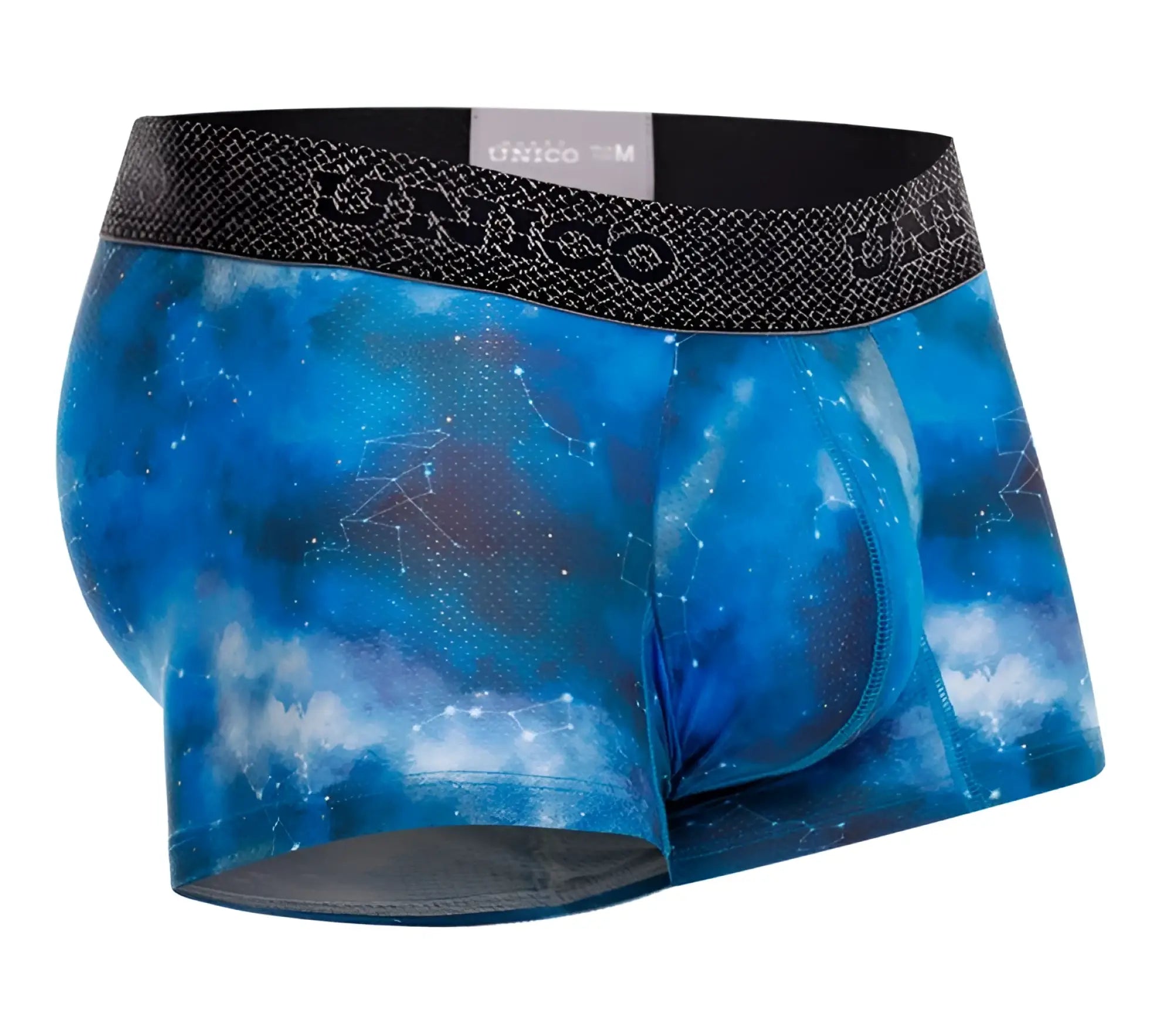 Blue galaxy-themed unico 24080100110 infinito trunks men’s boxer briefs with black waistband and brand name