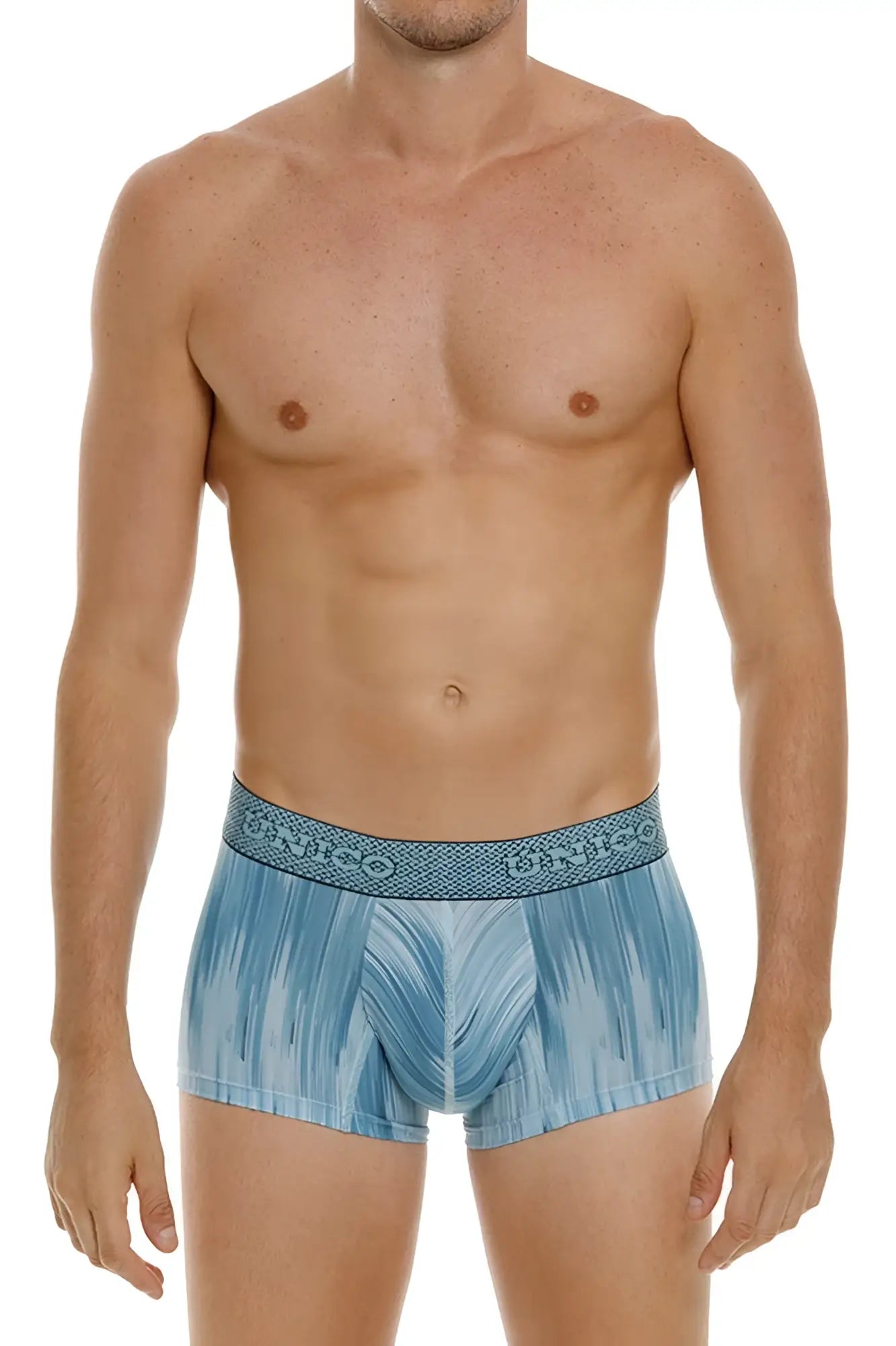 Light blue patterned Unico 24080100112 Hilada trunks with textured waistband featuring Unico brand name
